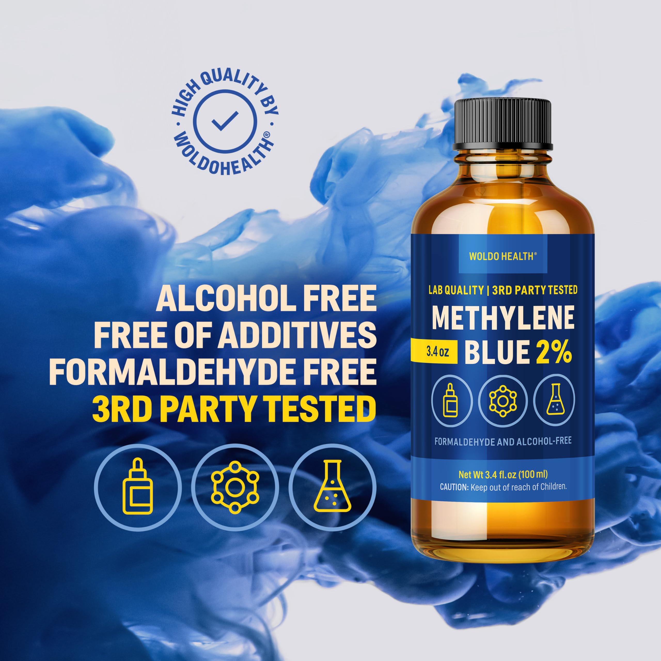 Bleu de méthylène 2 % de qualité pharmaceutique avec pipette 100 ml – Sans formaldéhyde, sans alcool, protégé de la lumière, pureté de laboratoire