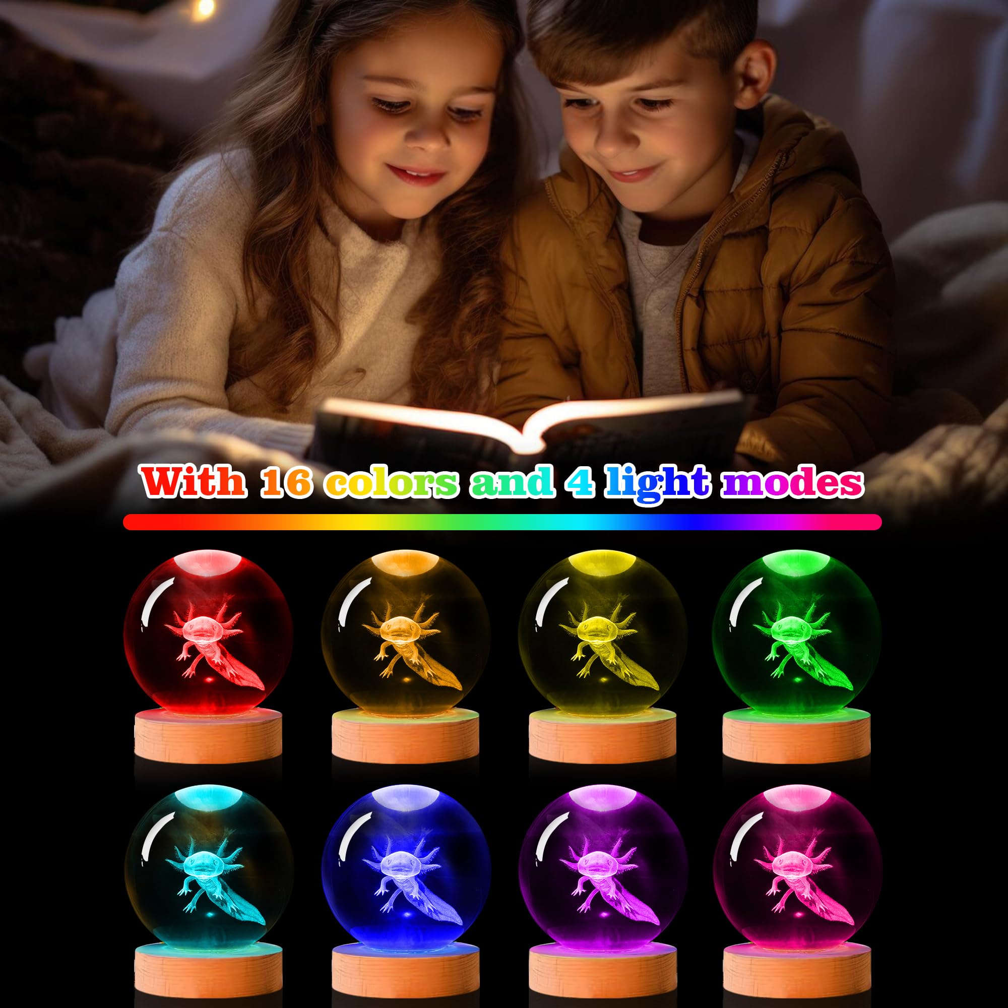OkiyiD 3D Axolotl Kristallkugel Nachtlicht Mit Fernbedienung, Glaskugellampen für Freund Geburtstag Urlaub, Cool Spielzeug Deko Geschenke für Jungen Mädchen Kinder