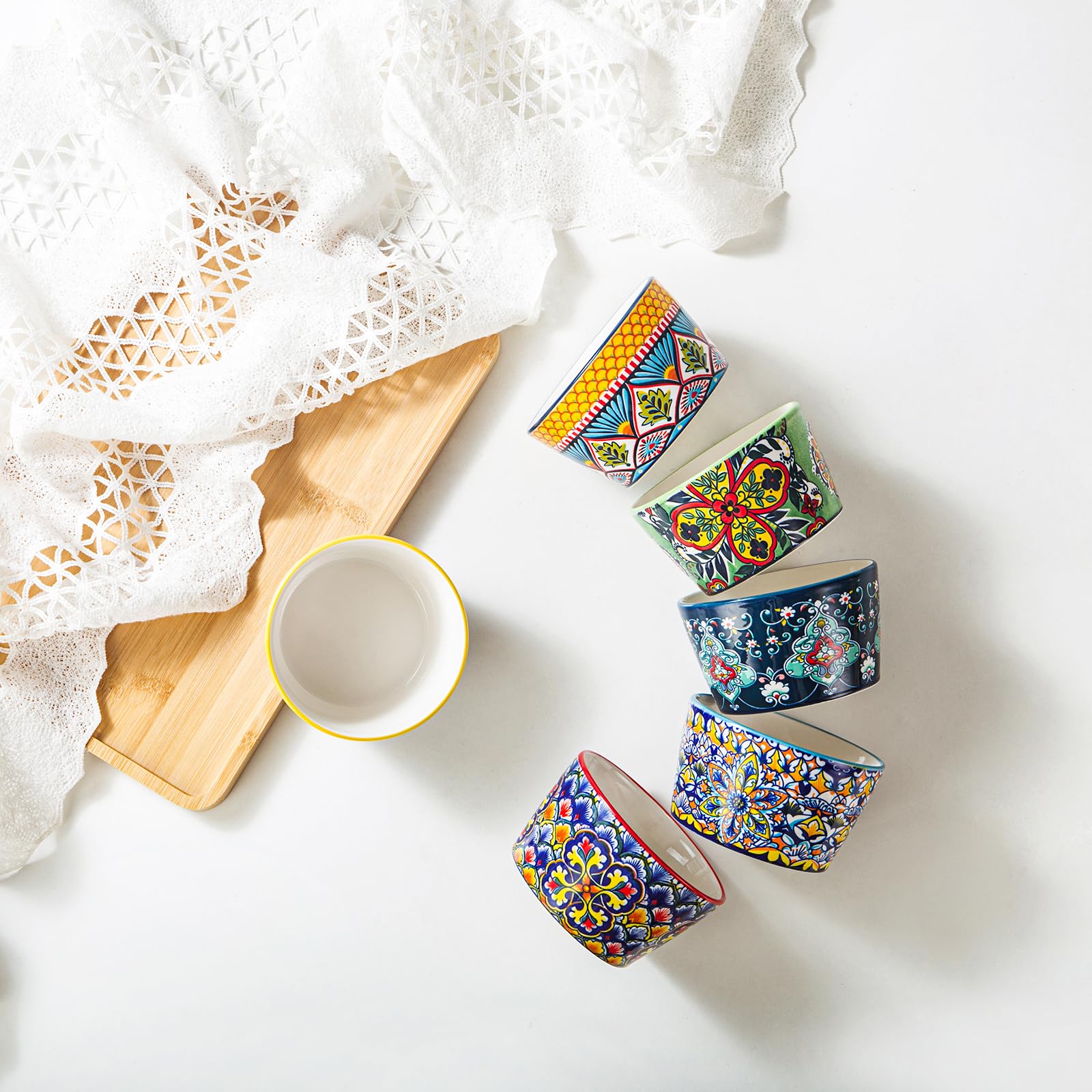 HENXFEN LEAD Porcelana do sufletu, 230 ml, zestaw 6 sztuk, kolorowe suflety Creme Brulee, do pysznego przyprawionego mięsa, ragout finy i pudddingu, styl boho