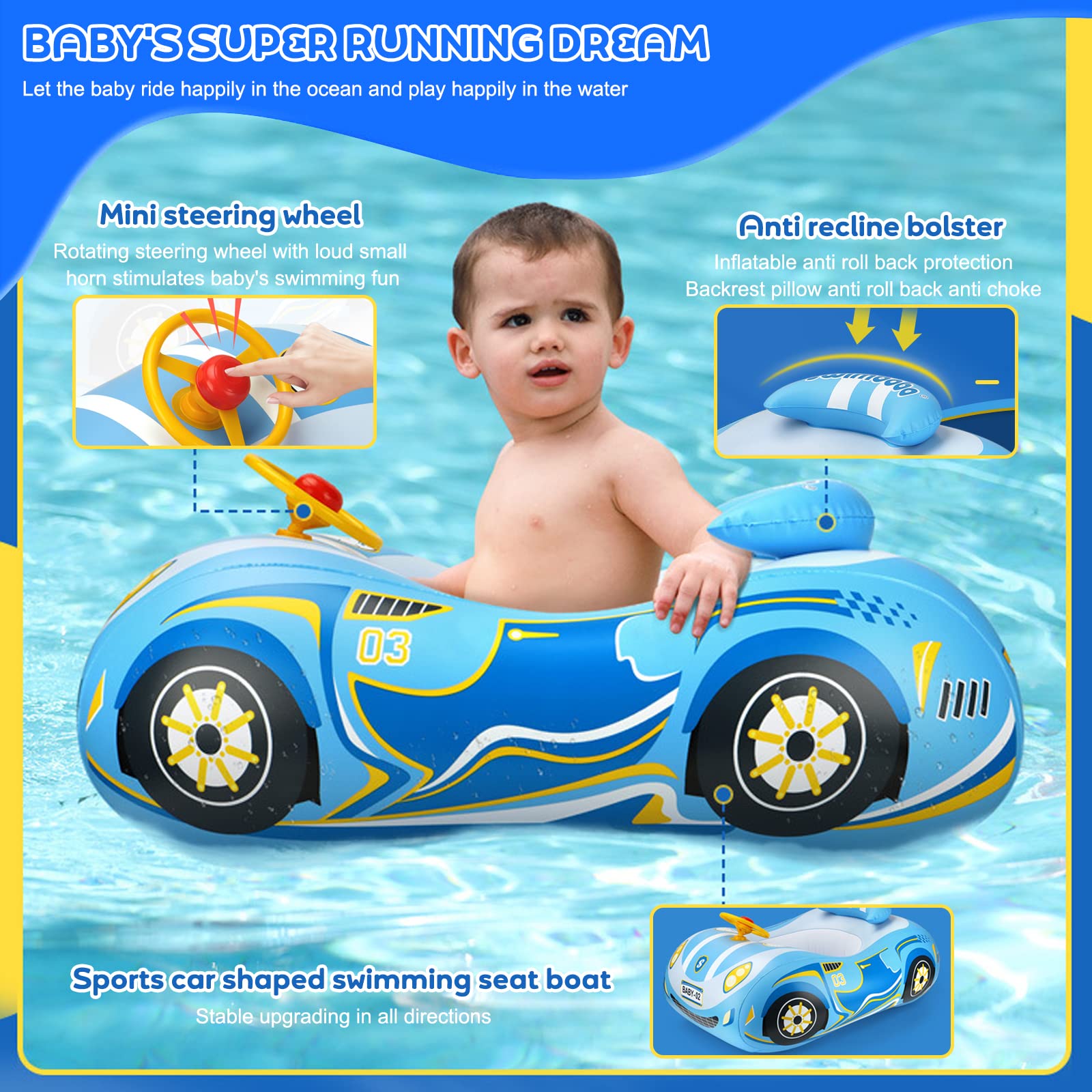 Balakaka Toddler Pool Float Inflatable with Double Handles Swim Trainer Newborn Car Baby Swim Float with Adjustable Sun Canopy and Safety Seat Pool Toys for kids 1-4 Years-Blue - Image 4