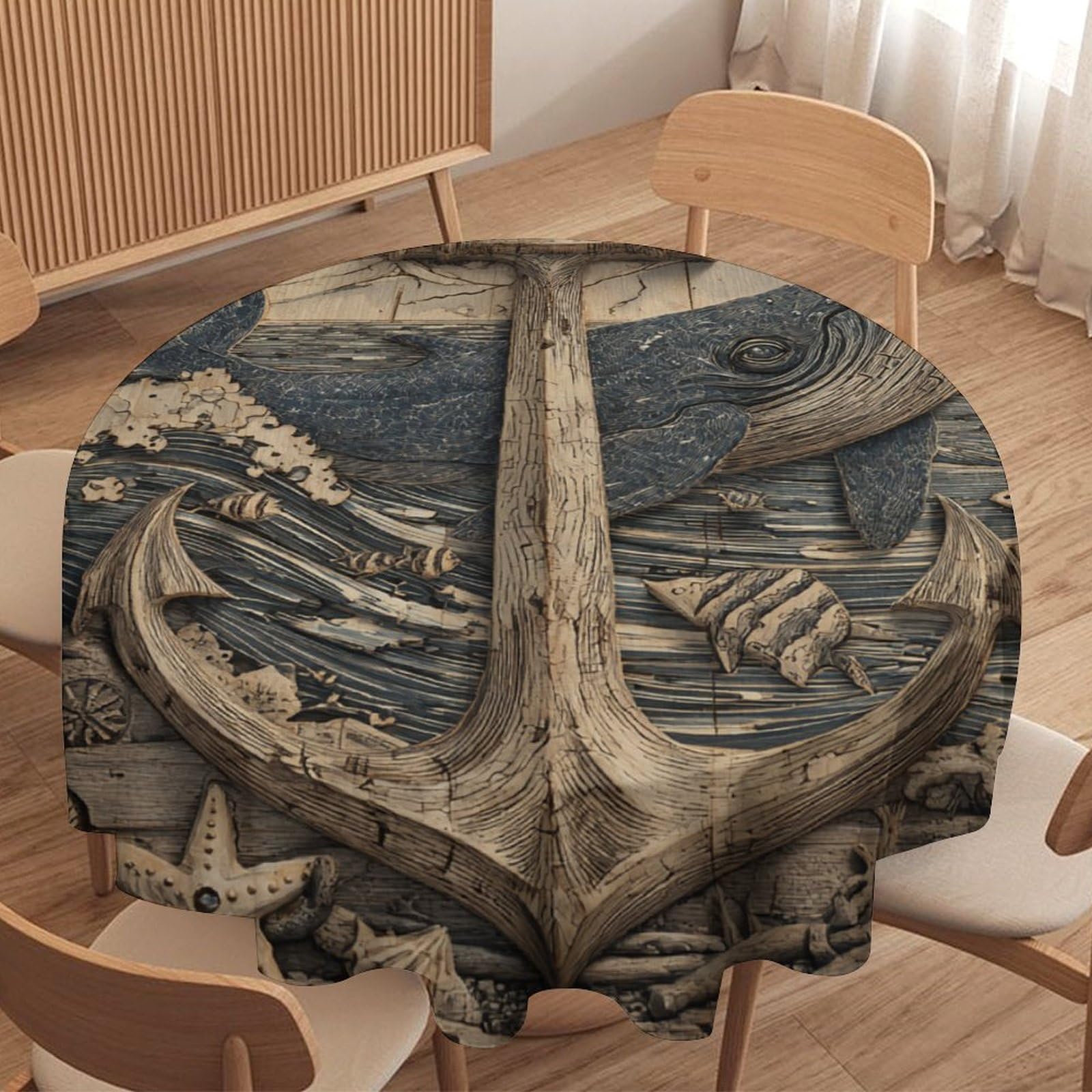 LUYYSKY Funny Abstract Fish Whale Waterproof Round Tablecloth Vintage Nautical Wooden Board Sea Animals Whale Ship Anchor Washable Table Cover for Kitchen-177.8" Wx177.8 L cm