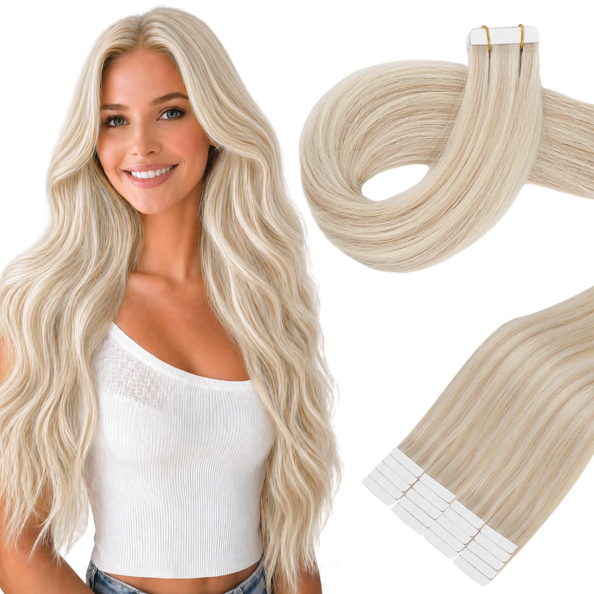 Photo 1 of HEAPO Tape in Hair Extensions Human Hair, #P18/613 Ash Blonde Highlighted with Bleach Blonde, 22 Inch 20pcs 50g, Invisible Seamless Tape for Hair Extensions, Tape Ins Glue in Remy Human Hair for Women