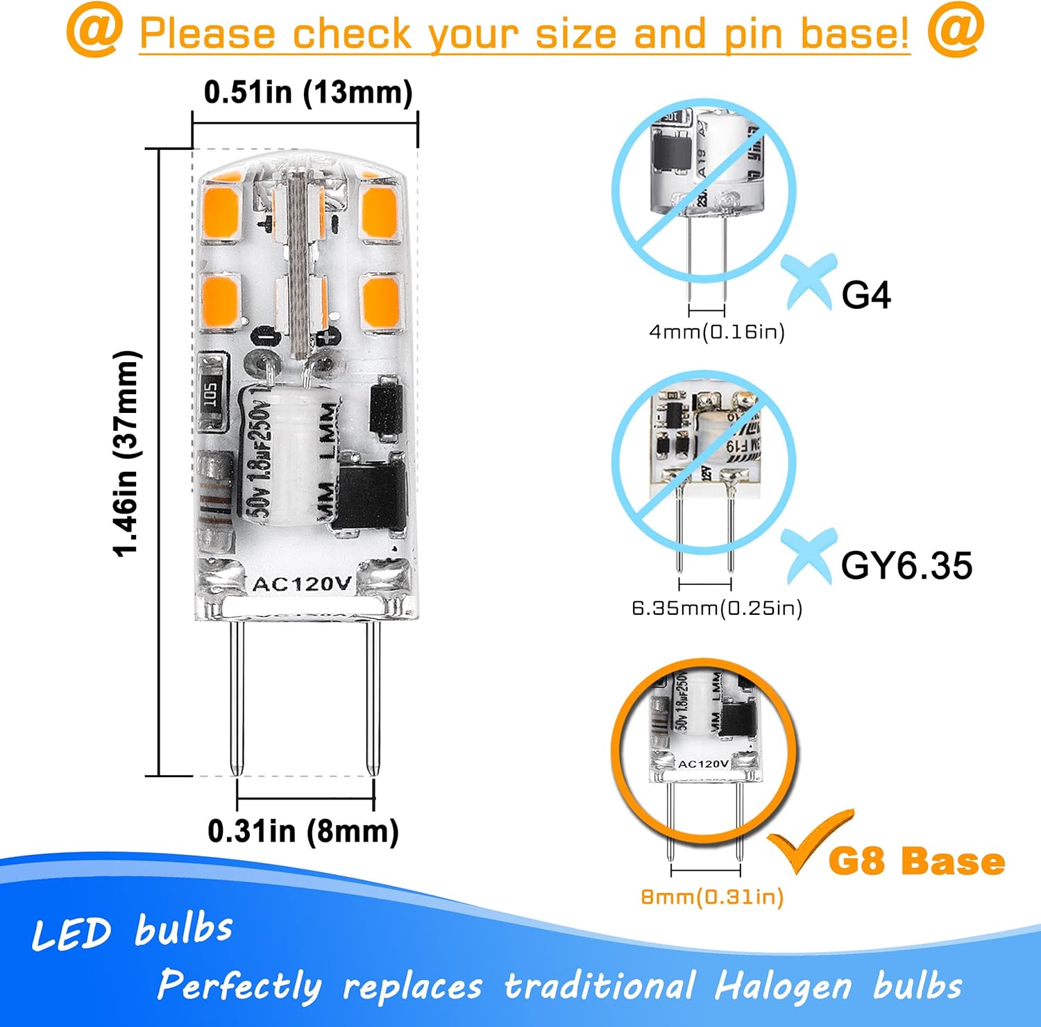 Heifymi Dimmable G8 LED Light Bulbs 3W Equivalent 20W 25W Halogen 2700K Warm White 300lm AC120V T4 JCD Type Bi-Pin G8 Base for Under Cabinet Counter Puck Kitchen Lighting, No Flicker, 10 Pack