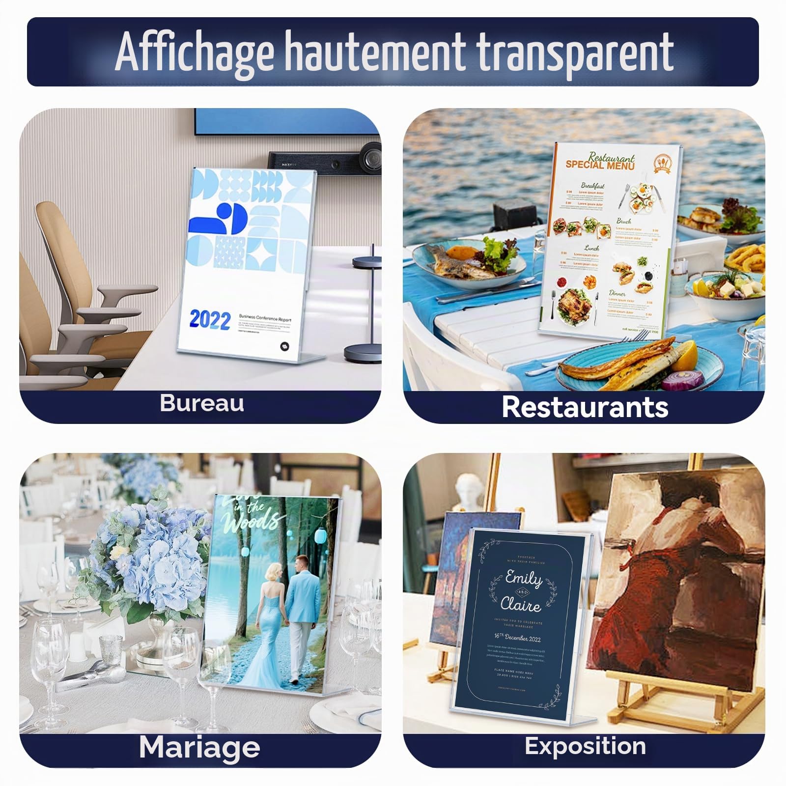 Porte Affiche A4, 4 Présentoirs Flyer Acrylique, Porte Documents A4 Incliné Transparent, Porte Nom Table pour Restaurant, Bureau, Magasin, Comptoir