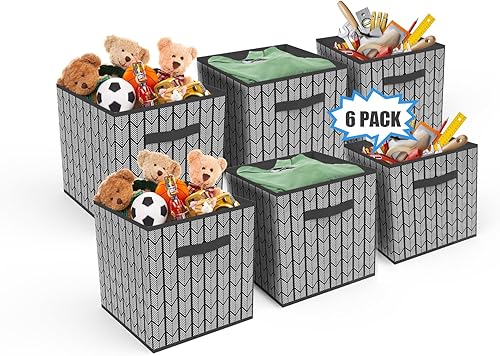 Paquete de 6 cubos de almacenamiento de tela, contenedores de almacenamiento plegables para estantes, cubos de tela con asas para el hogar y el