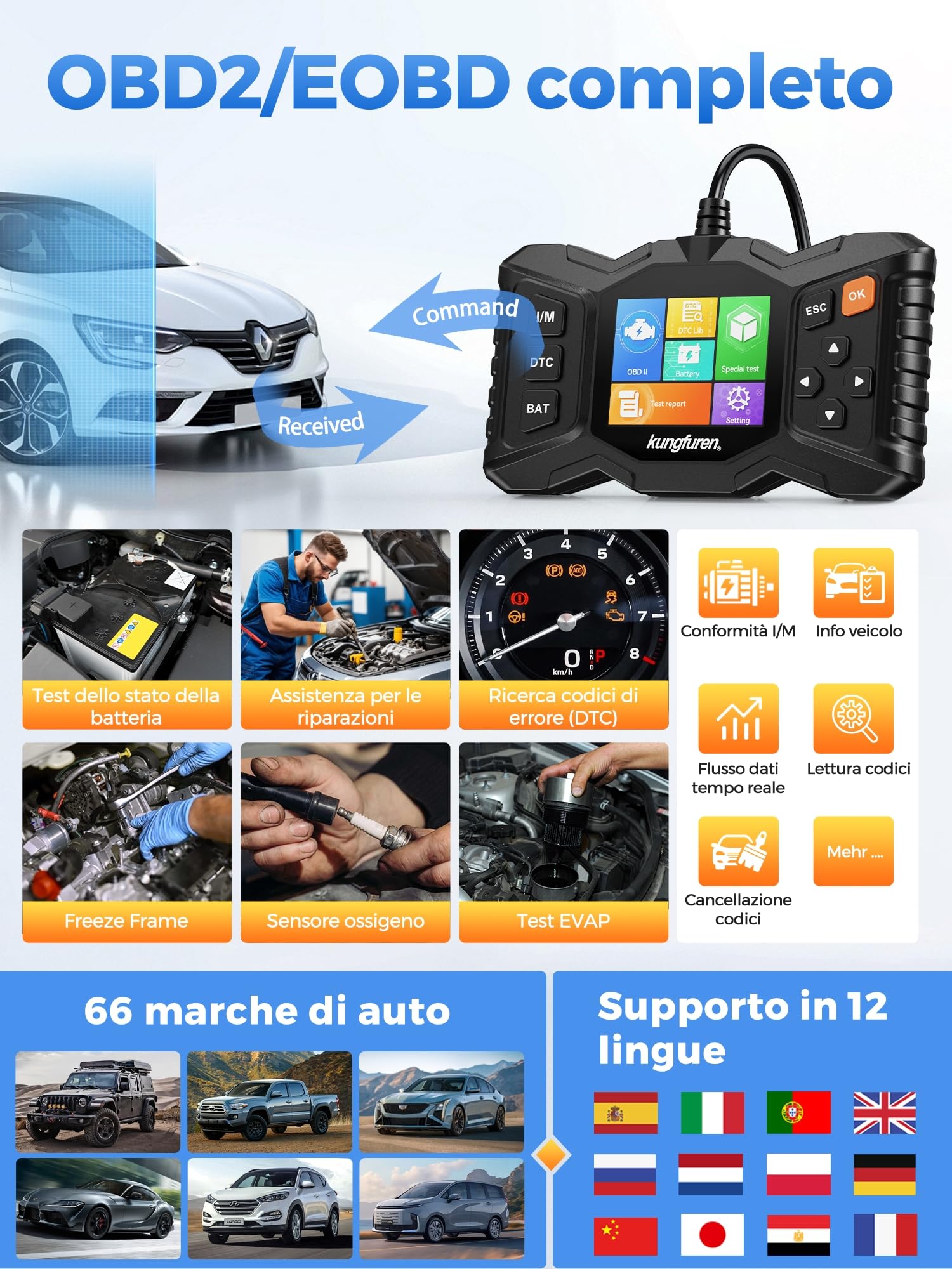 OBD2 Diagnosi Auto Diagnostica Italiano: OBD Auto Diagnostica Scanner per Multimarca Audi BMW Ford VW - Professionale Autodiagnosi Strumento Lettore Codici Errori Motore con Test Batteria