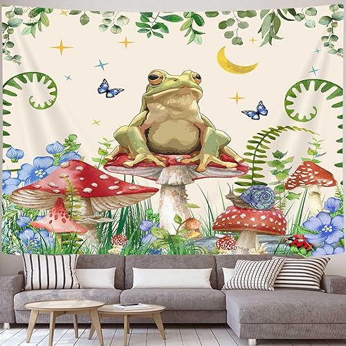 Miniatura 3 de JAWO Tapiz de hongos de rana, tapiz estético de luna y mariposa, tapiz para colgar en la pared para dormitorio, tapiz divertido floral de plantas,