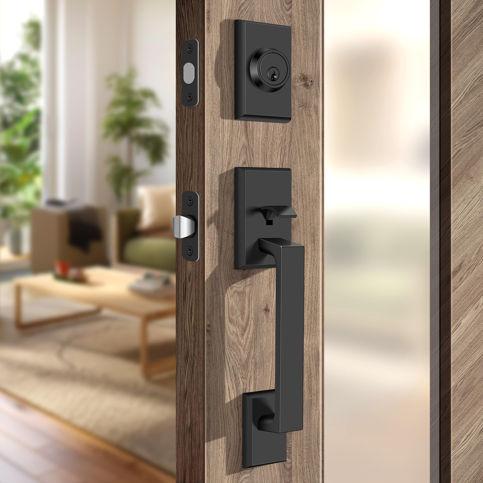 HOSOM Juego De Cerraduras De Puerta De Entrada De Color Negro Mate Con Cerrojos De Un Solo Cilindro, Manija De Puerta Cuadrada Moderna Y Elegante Resistente Con Cerradura Y Llaves En