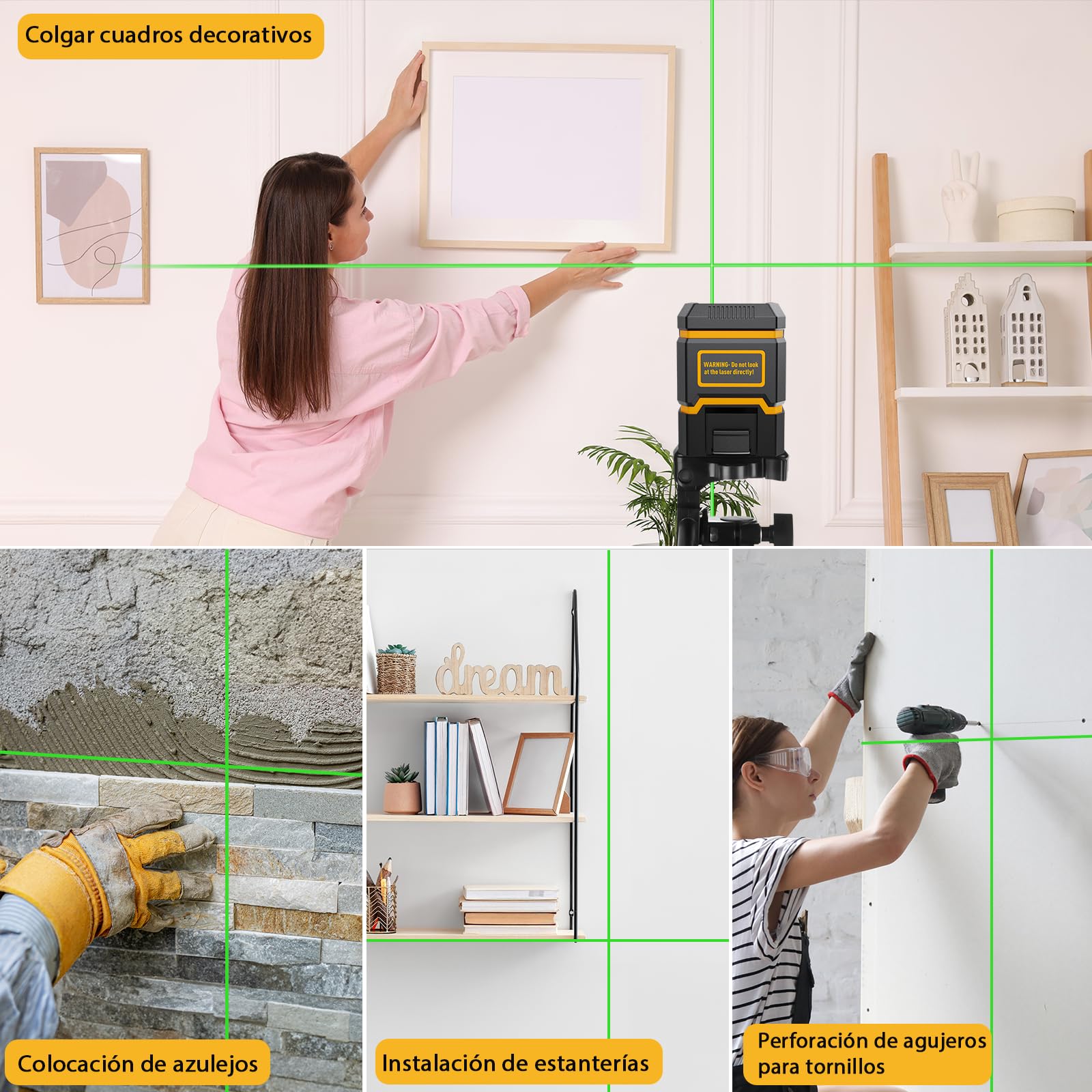 Nivel Laser Autonivelante con Tripode,ASOBRIS Nivel Láser Verde Líneas Cruzadas Horizontales y Verticales,Laser Level pare Colgar Cuadros Construcción Uso Interior Exterior (amarillo)