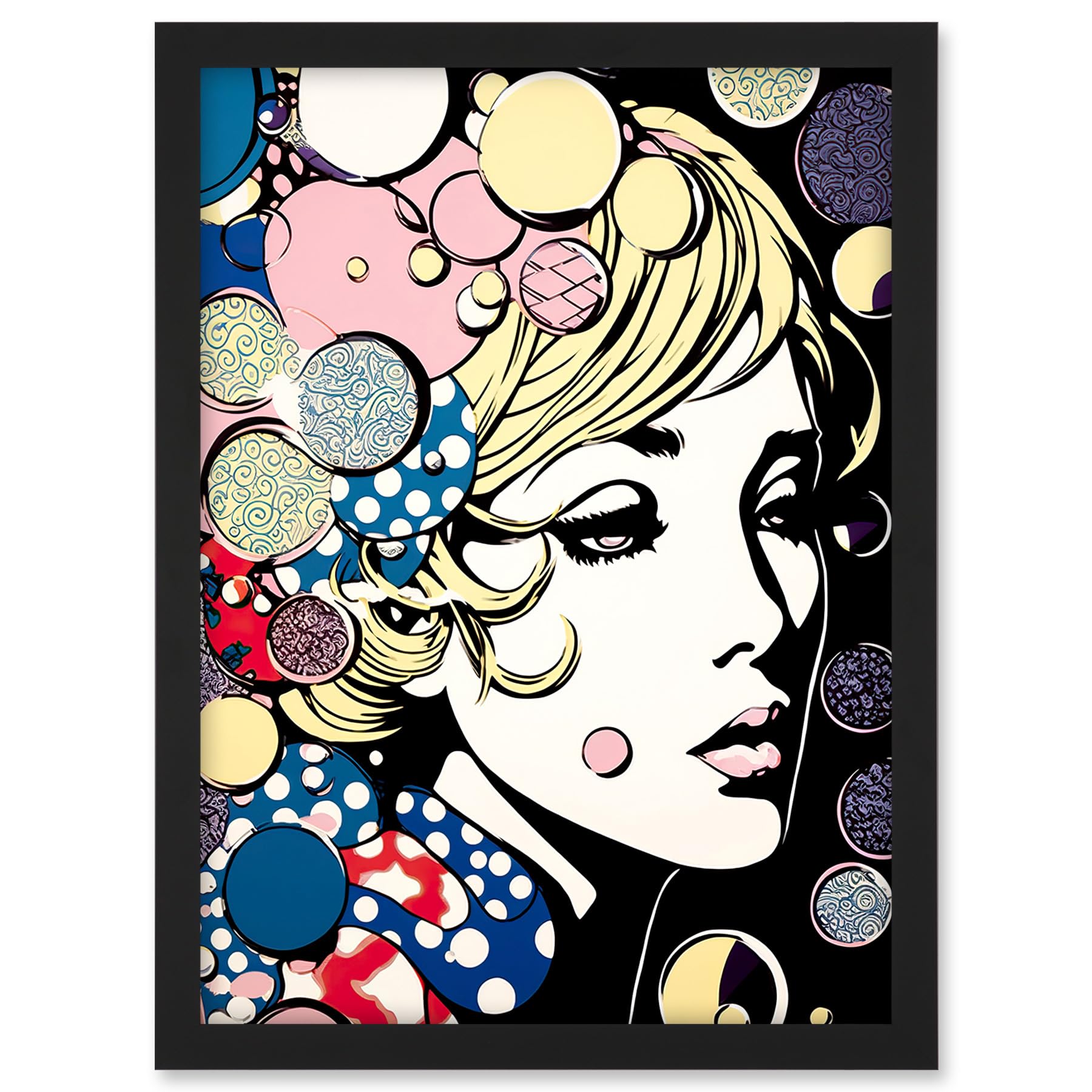 Artery8 Modern Woman Blonde Portrait Pop Art Bubbles Patterns Colourful Comic Book Halftone Artwork Framed A3 Wall Art Print
