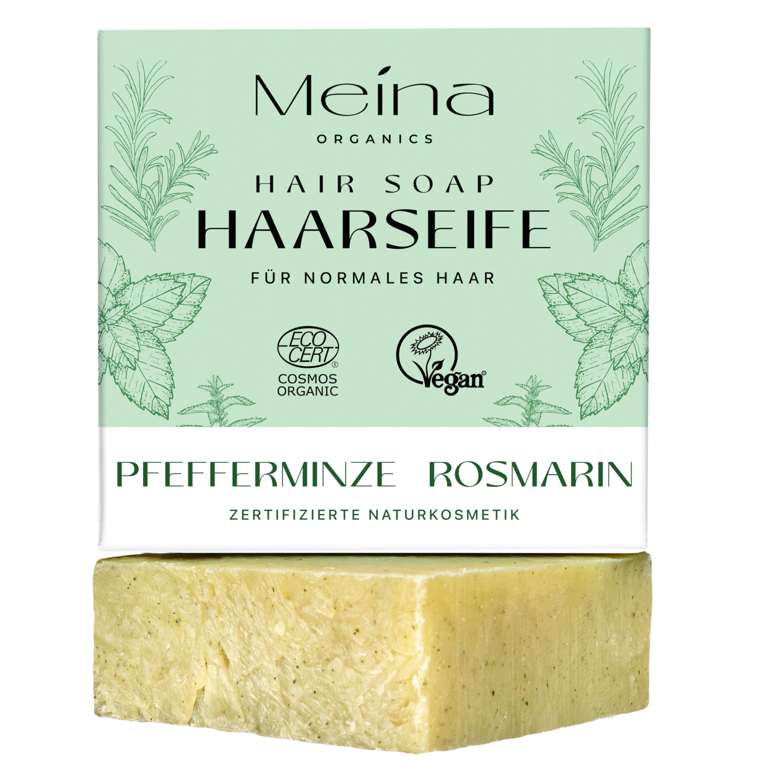 Meina Bio Haarseife für Haarwachstum mit Brennnessel, Rosmarin und Pfefferminze, Organic Zertifiziert, Vegan, Handgemacht, Plastikfrei, Ohne Palmöl, Wie ein festes Shampoo, 80g