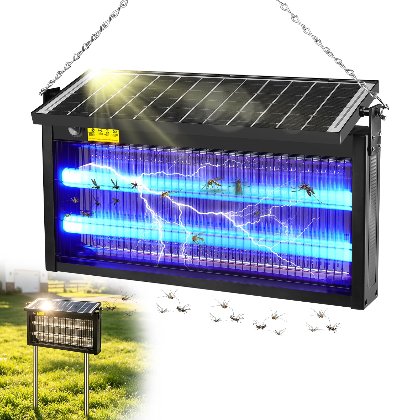 Solar Insektenvernichter - 15W 4500V Elektrischer Insektenvernichter Solar mit 6000mAh Akku Wasserdicht IP65, Mückenschutz Mit LED-Licht für Terrasse, Garten, Camping Innen und Außenbereich