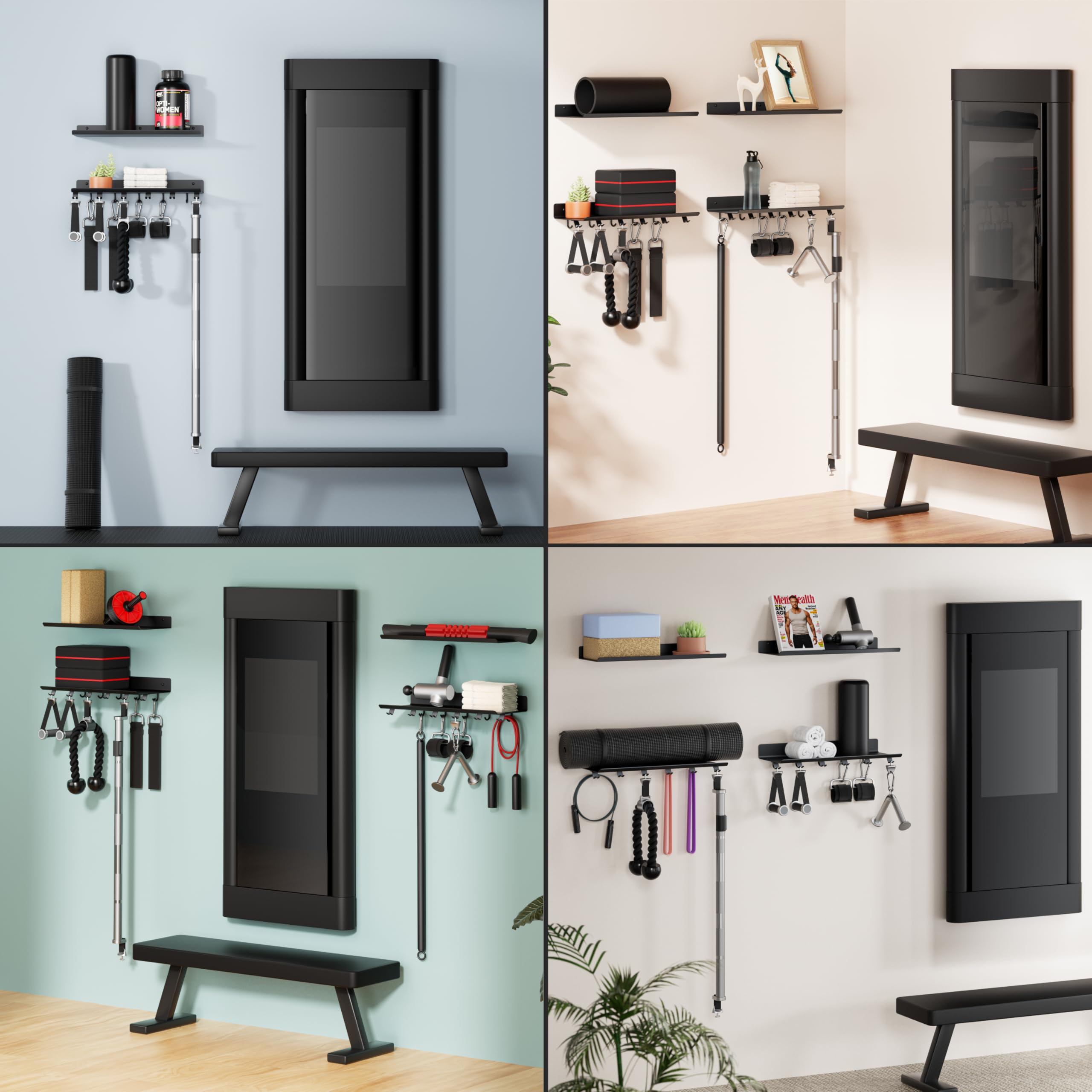 Estante flotante de 2 niveles compatible con accesorios tonales, estante de almacenamiento de gimnasio en casa, organizador de montaje en pared para gimnasio, soporte de metal para 7
