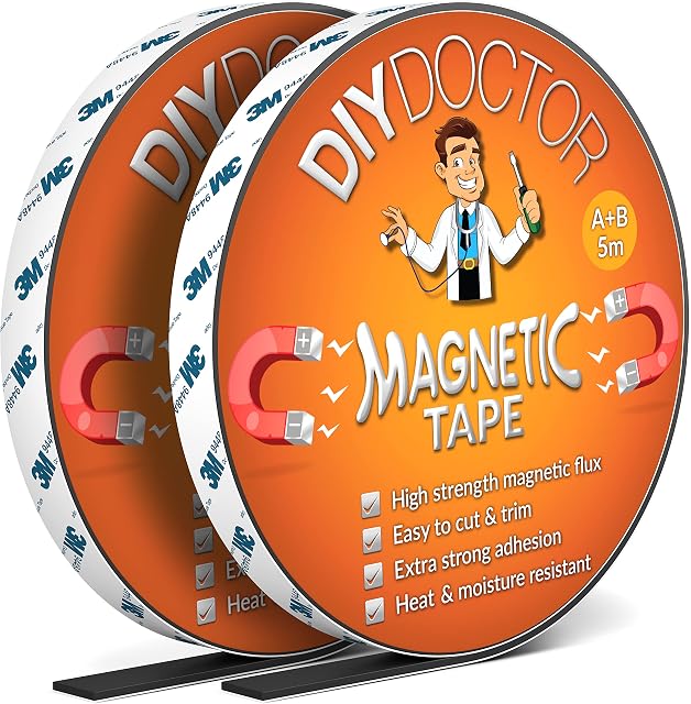 DIY Doctor - A+B Magnetic Tape - Magnetic Strips Self Adhesive - Cut To Fit Magnetic Strip - 5m + 5m A and B Polarity - Self Adhesive Magnets - Magnet Strips