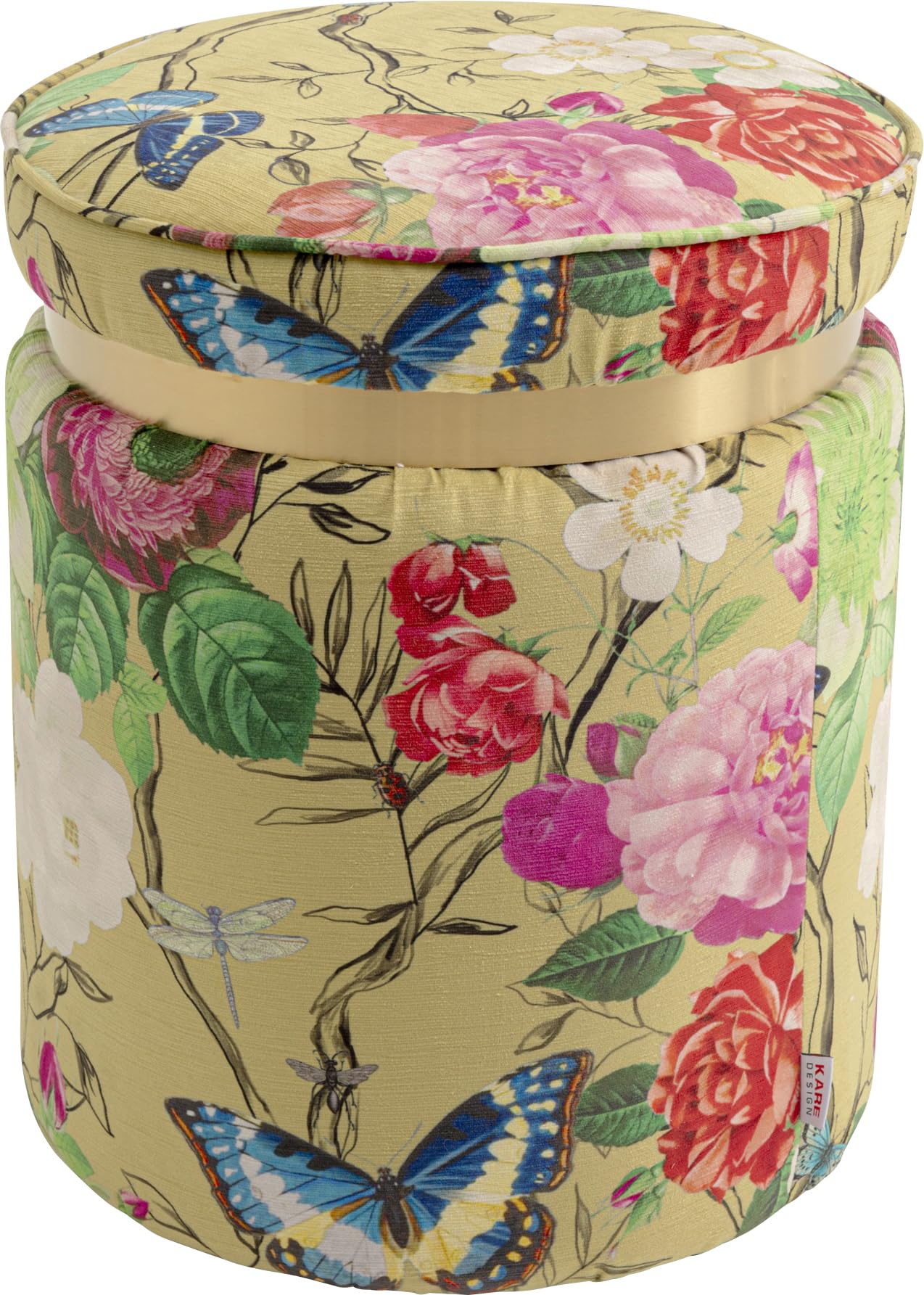 Kare Design sgabello Flower Fever, multicolore, sfondo giallo, rotondo, diametro 39cm, per divano, camera da letto, pouf, altezza seduta 47 cm