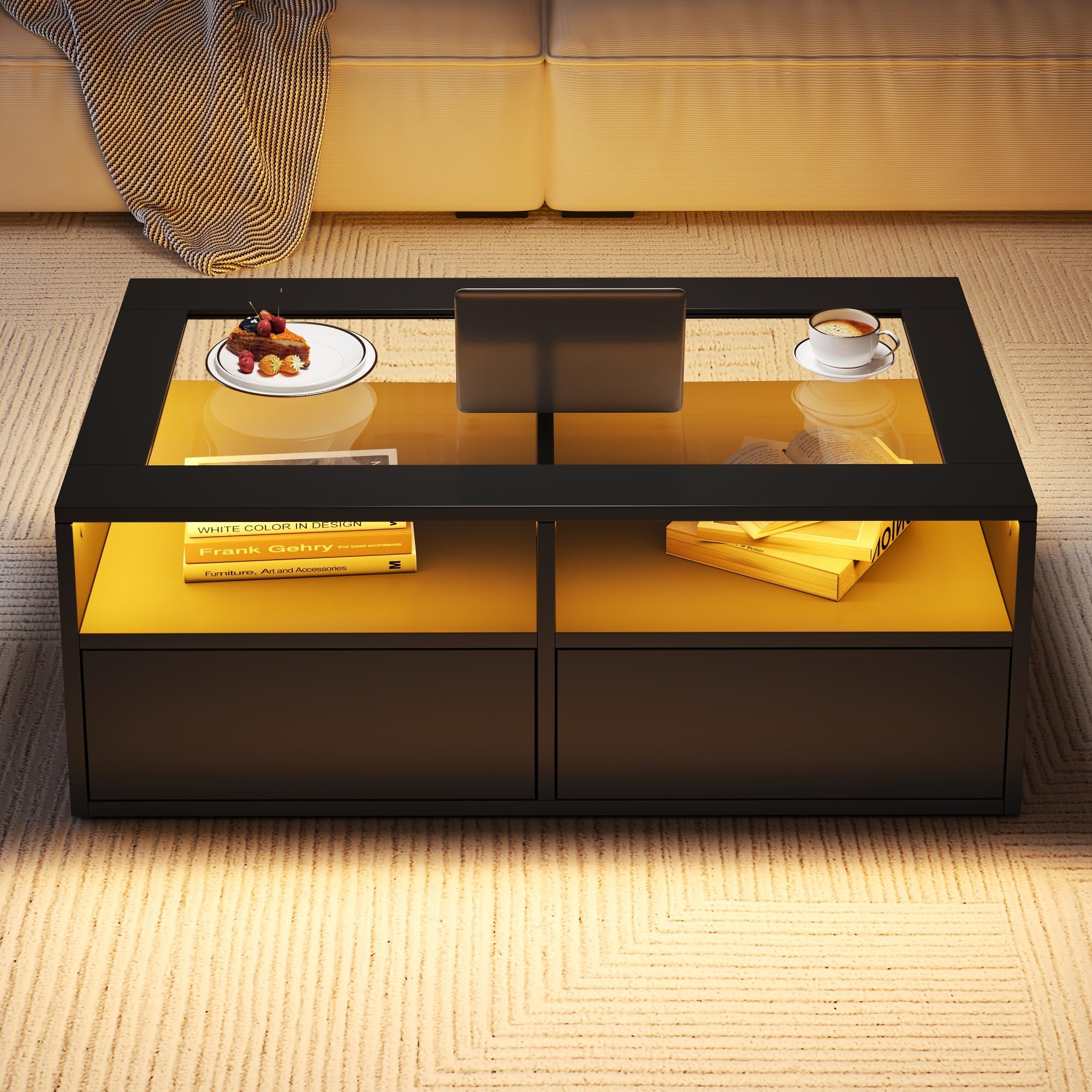 BTM Table Basse 100x50x35 cm LED, 2 Tiroirs Plateau Verre Double Couche, Rangement Ouvert Salon Noir