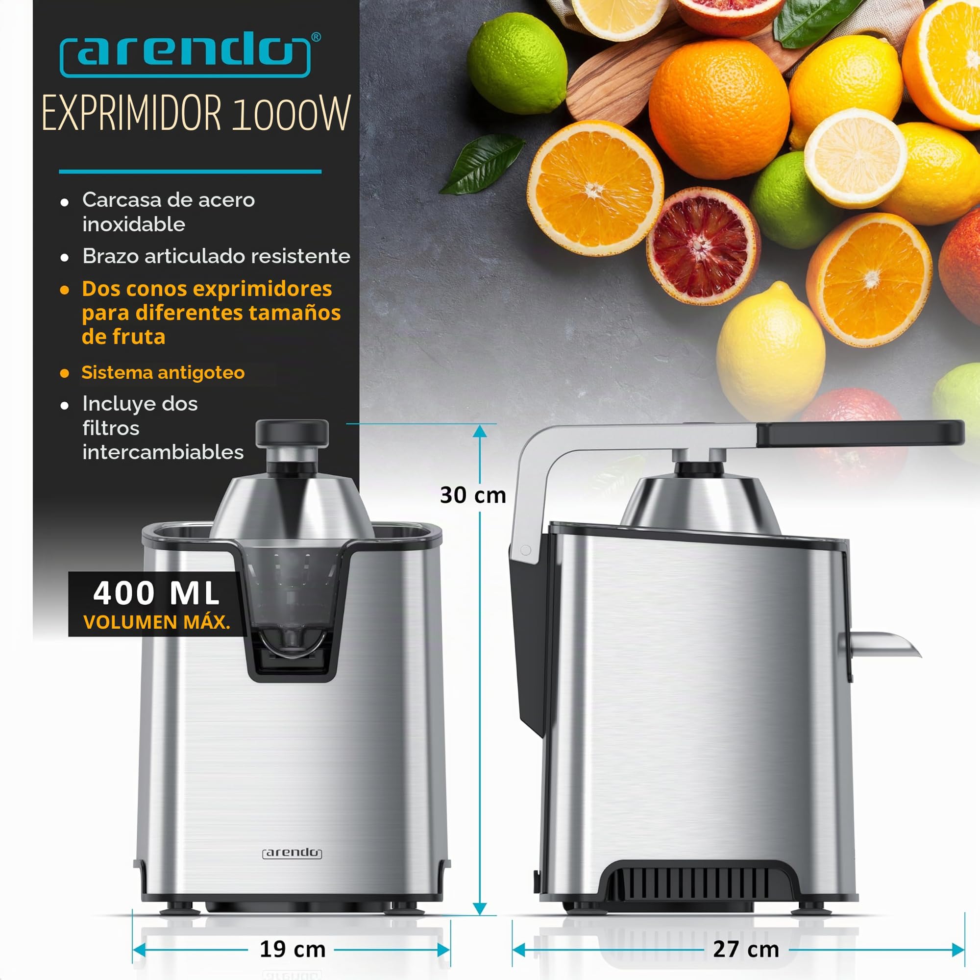 Arendo - Exprimidor eléctrico de cítricos de 1000 W - Exprimidor de naranja de acero inoxidable - Potente motor - Muy alta eficiencia - Cono de acero inoxidable - Sin BPA - Apto para lavavajillas