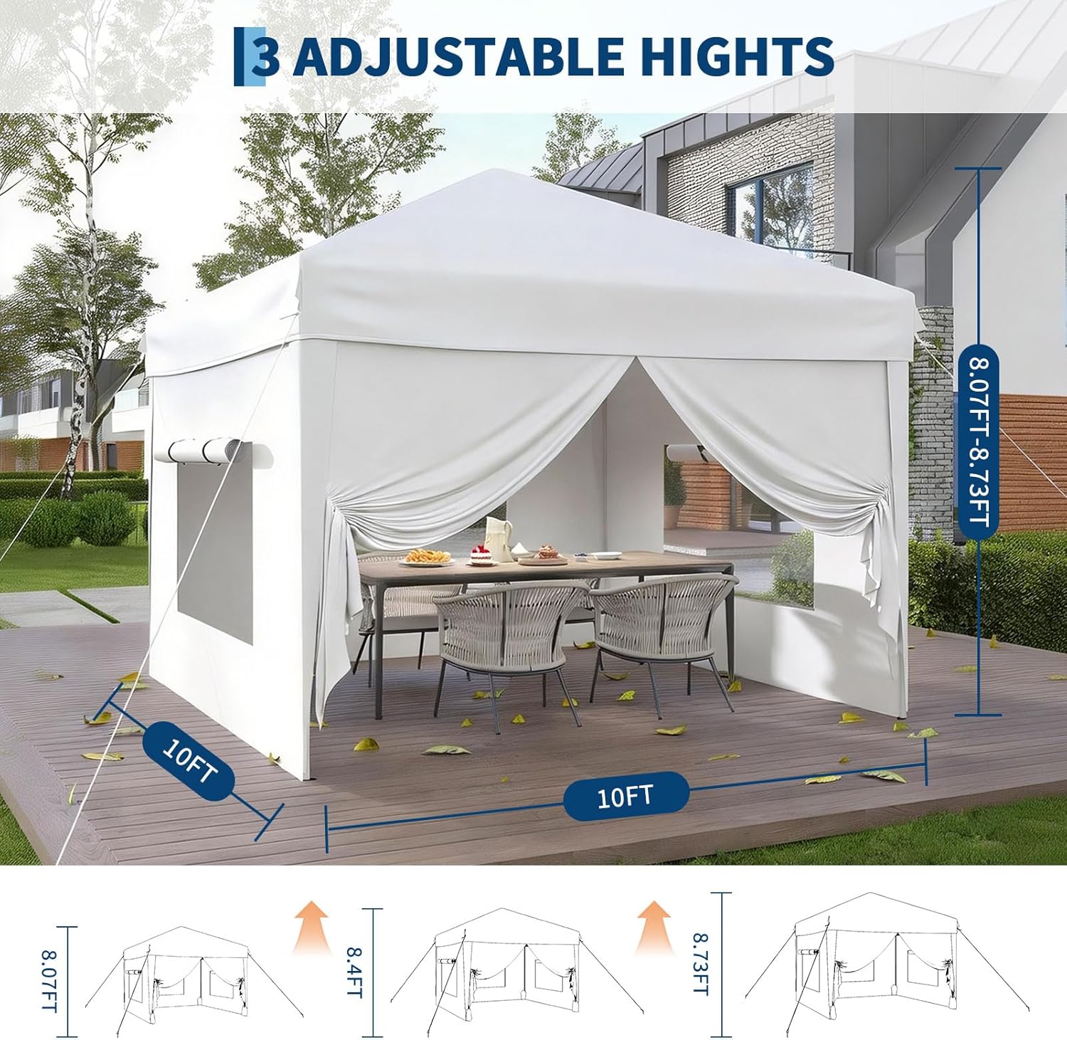 10x10 Pop Up Canopy Tent with 4 SideWalls, Easy Up Canopy with 3 Adjustable Height, Outdoor Sun Shade with 4 Sandbags & Carrying Bag for Camping, Parties,Outdoor Events-White