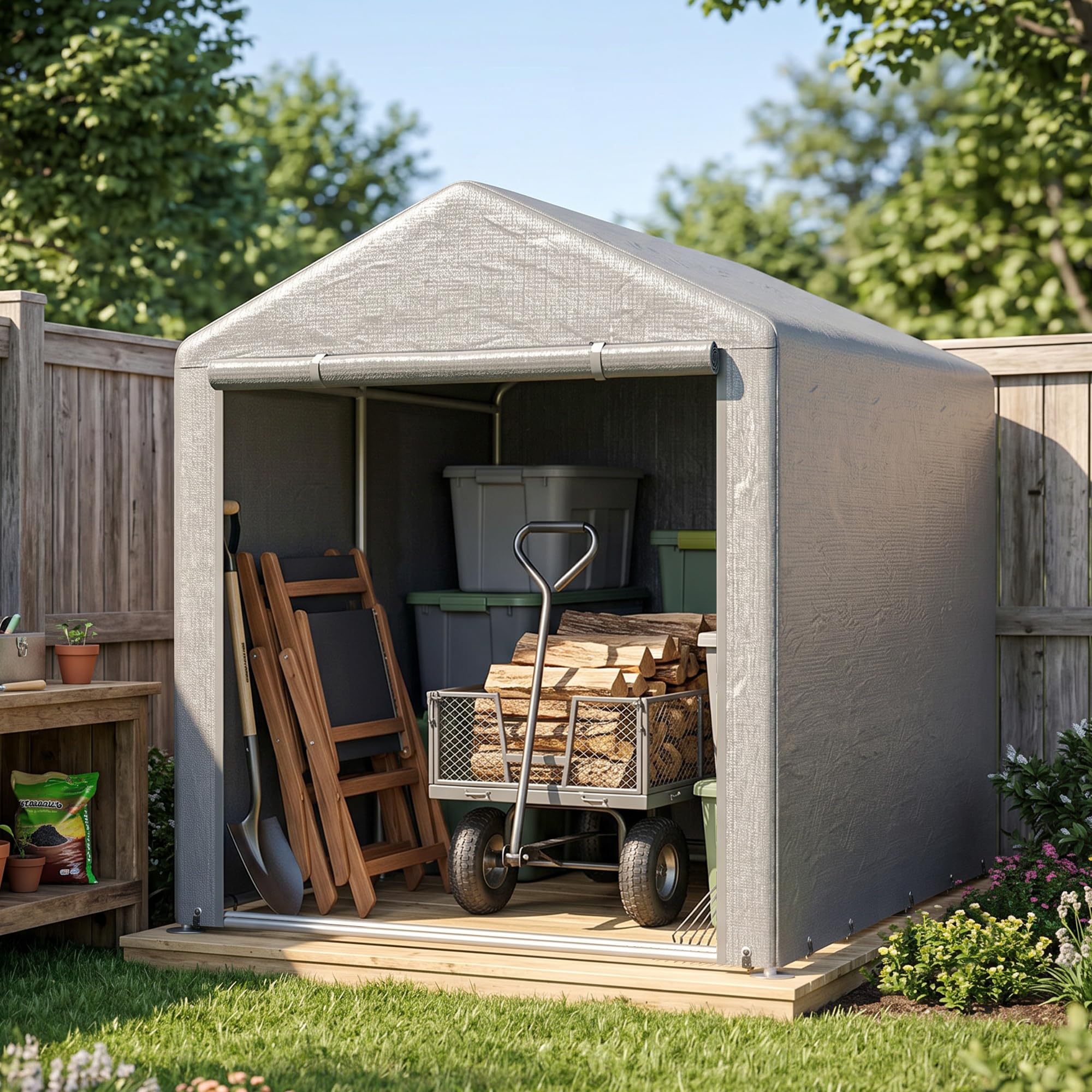 Outsunny Carpa de Jardín Exterior 2 Habitaciones 1,6x2,2x1,7 m Gris Claro | para Herramientas Bicicletas, Cobertizo Exterior, Puerta Enrollable con Cremallera, Impermeable Anti-UV, Garaje Portátil
