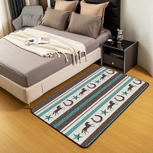 Miniatura 4 de Alfombra de herradura occidental de 5 x 7 pies para niños, estilo retro, estilo vaquero, para sala de estar, dormitorio, hombres, granja, salvaje,