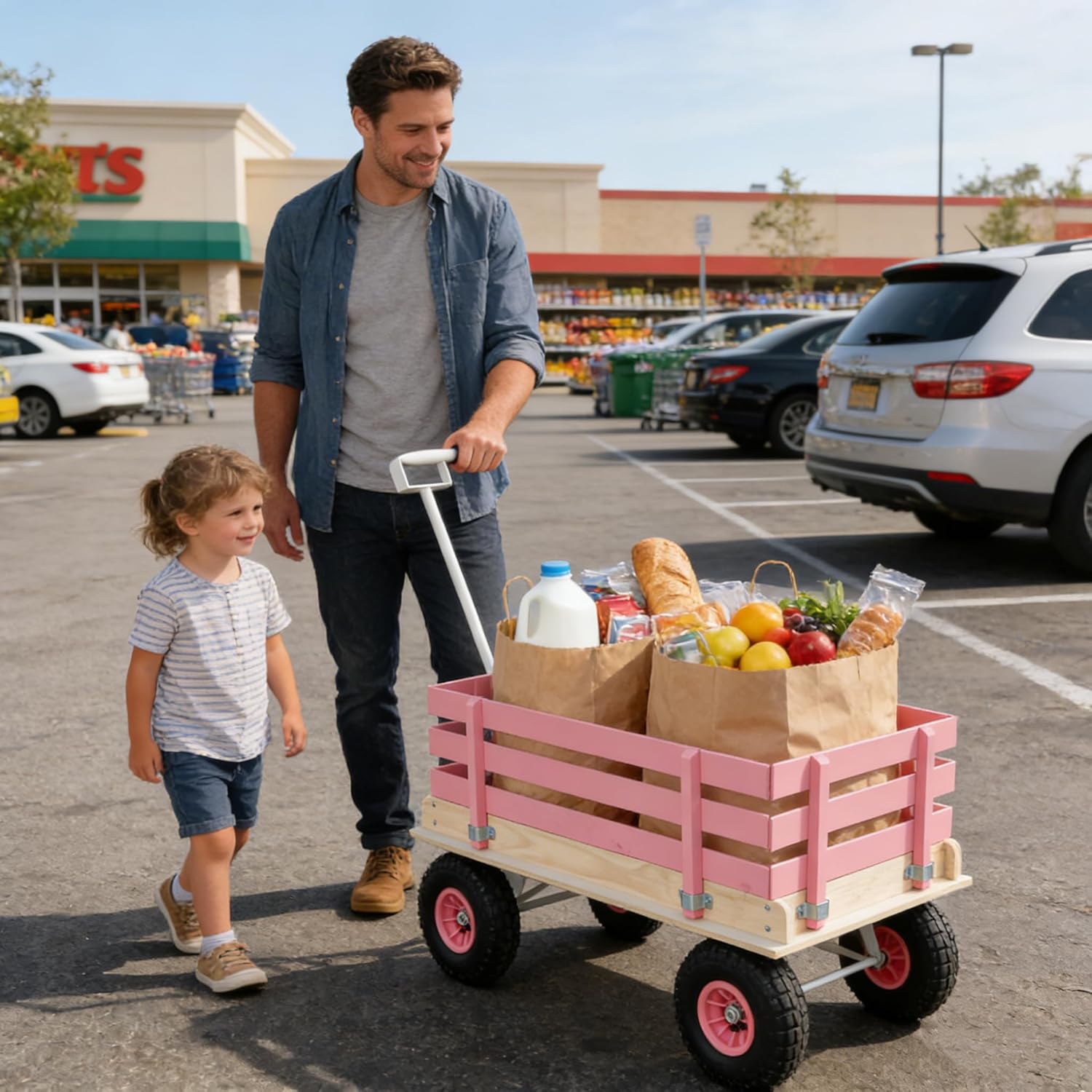 Pink Wooden Kids Pull Wagon with Removable Side Rails & All-Terrain Wheels, Heavy Duty Outdoor Garden Cart for Toddlers, Portable Toy Wagon for Beach, Camping & Backyard Play