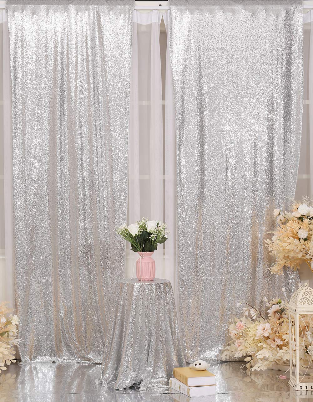 2Pieces Sequin Backdrop 2ftx8ft(60x243cm) Shiny Seamless Photo Booth Curtain for Party Wedding Decoration Photo Background, Iridescent — view 175