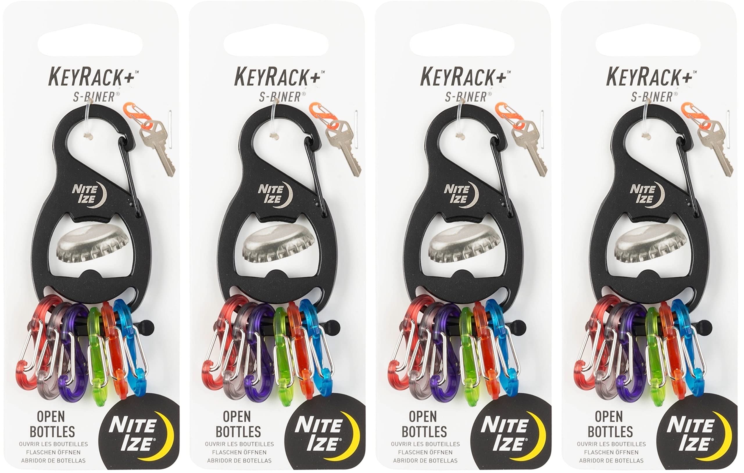 Nite Ize S-Biner Key Rack + Bottle Opener - 6 Color-Coded Key Holder With Stainless Steel Clip