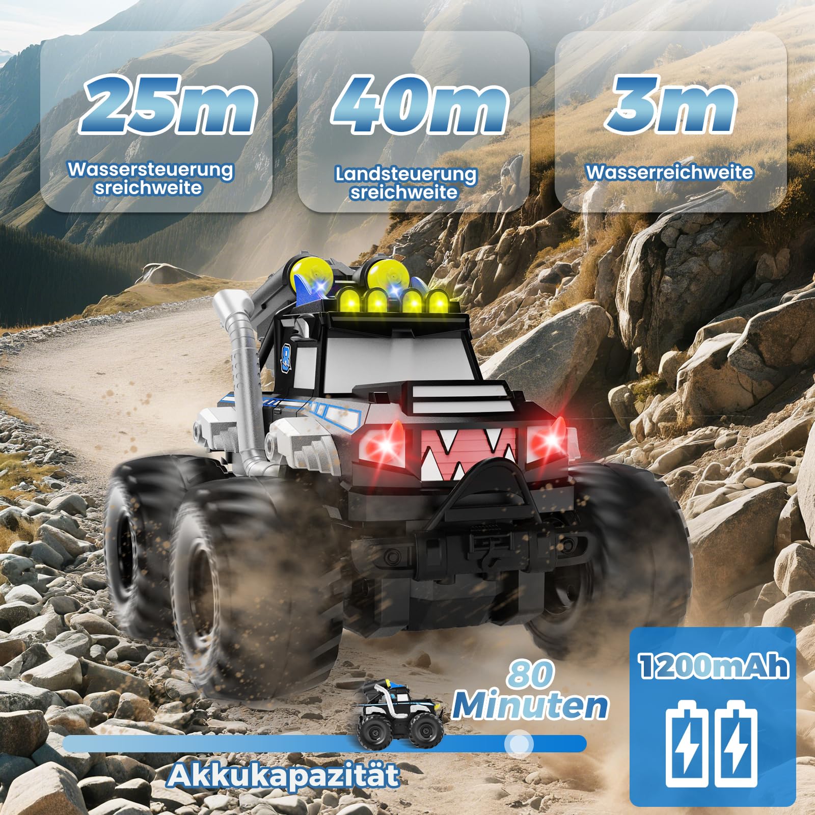 Dysaim Amphibienfahrzeug Ferngesteuertes Auto Offroad, Monstertruck Ferngesteuert, Kinder Spielzeug 2,4 Ghz RC Auto mit Fernbedienung Drift Car Monster Jam Ferngesteuertes Auto Ab 6-12 Jahre