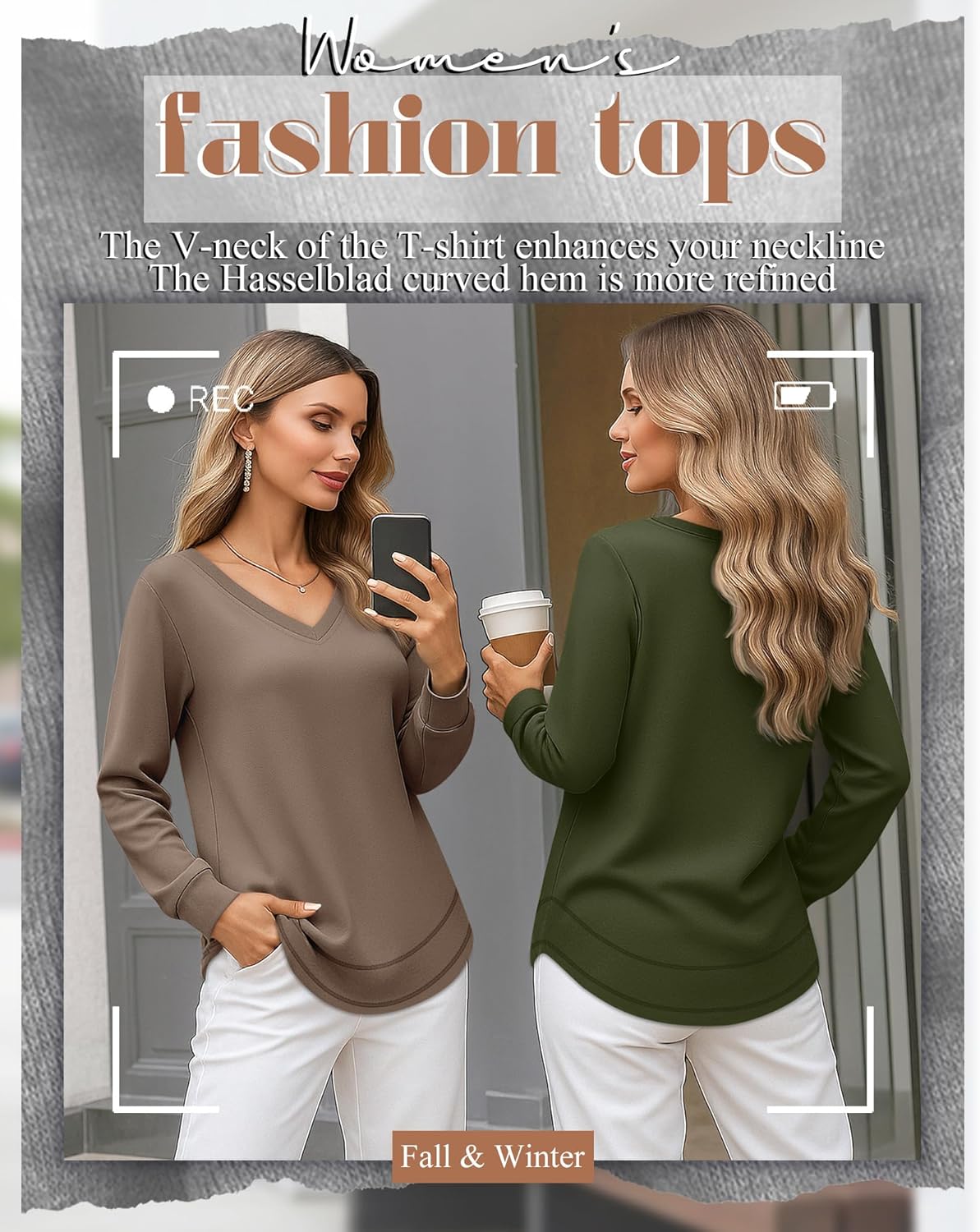 Riyiper 3 Pack Women's Long Sleeve Sweatshirts, Cotton V Neck Tops Loose Fit Curved Hem Tunic Tops Basic Casual Fall Shirts - Image 2