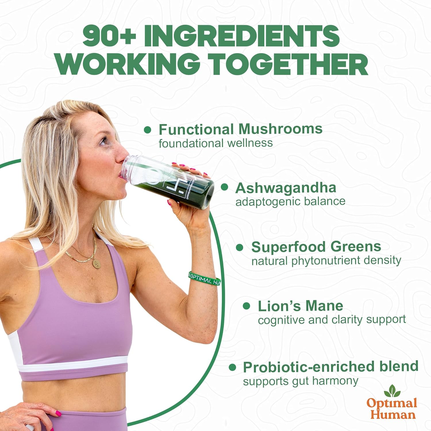 Optimal Human Superfood Greens Powder – 90+ Ingredient Blend with Lion’s Mane Supplement, Ashwagandha & Turmeric – Non-GMO, Soy-Free, Mushroom Supplements for Women – 20 Sachets
