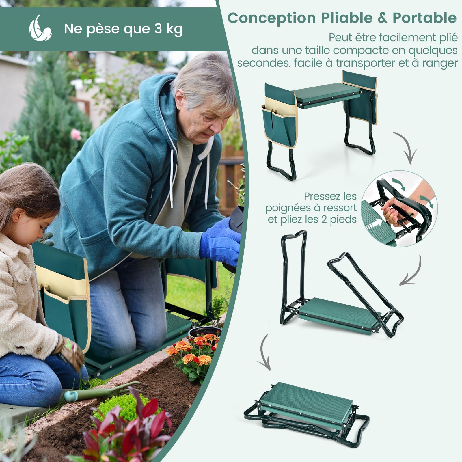 COSTWAY Tabourets de Jardinage Pliable avec Coussin EVA, Genouillère de Jardin 2 en 1 Cadre en Métal Siège de Jardinier avec 2 Grande Pochette à Outils Charge 150KG pour Jardinage, Vert