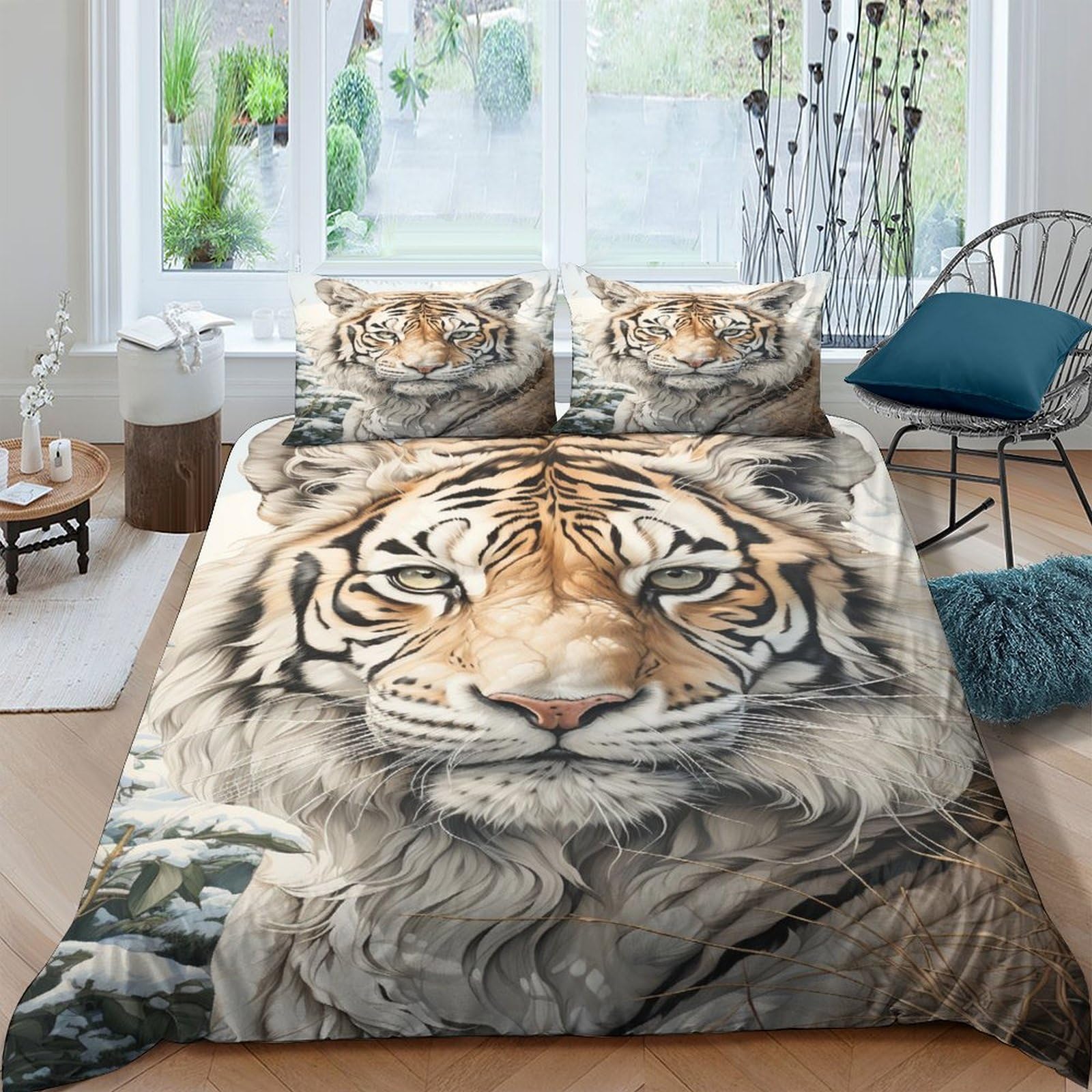 Housse de couette tigre 3D parure de lit animaux sauvages microfibre 220x240 avec fermeture éclair