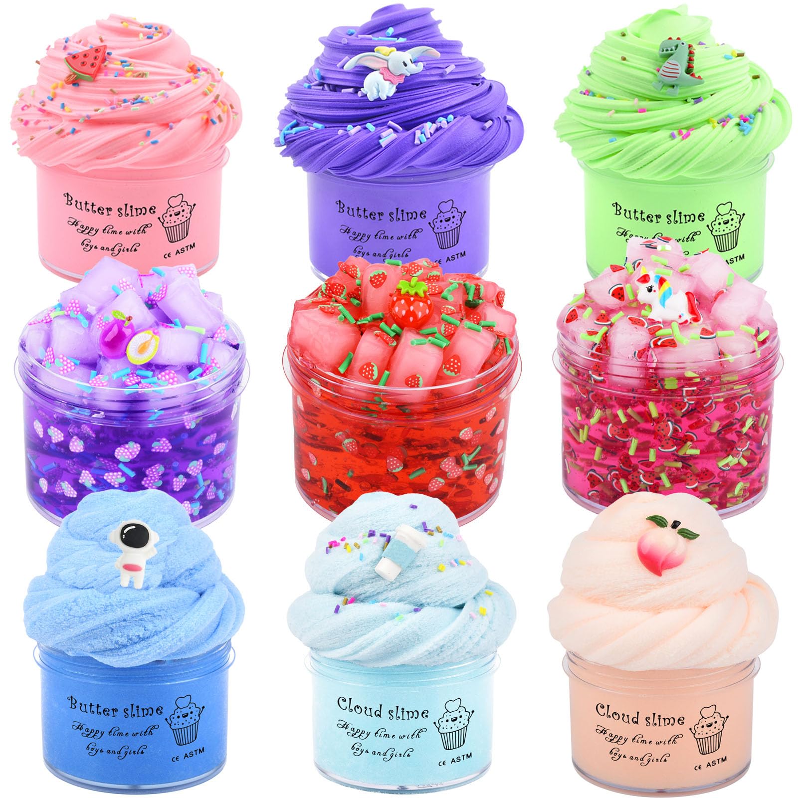 9 Pack Slime Kit - 3 Jelly Cube Crunchy, 3 Cloud, 3 Butter Slime - Soft Stretchy for Stress Relief, Birthday Gift, Kids Party Favors - Boys and Girls Toy