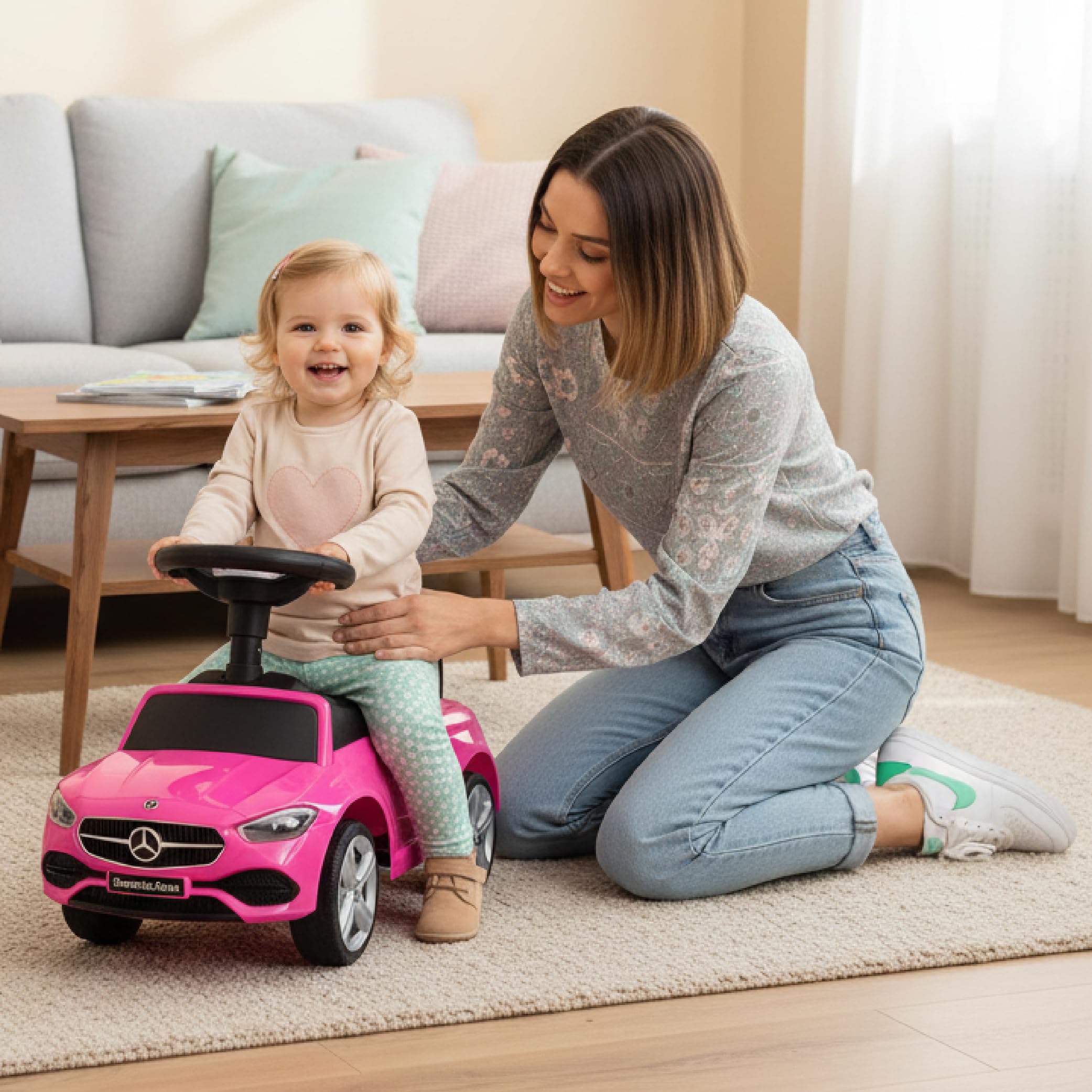 sun baby Rutschauto ab 1 Jahr Mercedes C-Class, Kinderfahrzeug für Jungen und Mädchen mit Audio-Lenkrad, Ablagefach, Kippschutz (Rosa)