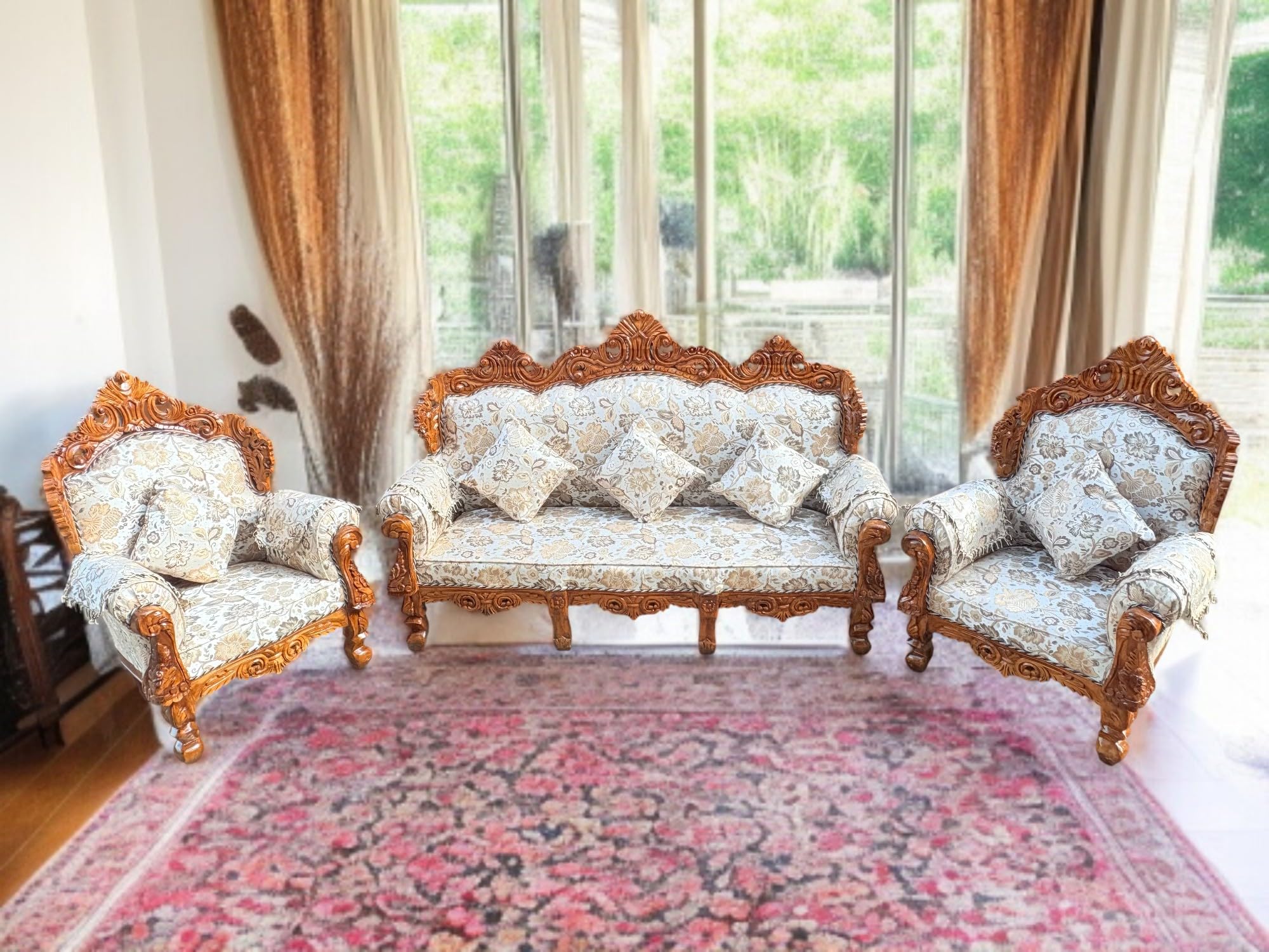 Teak Wood Heavy Carving Style 5 Seater Sofa Set 3+1+1 Hand Carving Work for Living Room, Bedroom-image-25