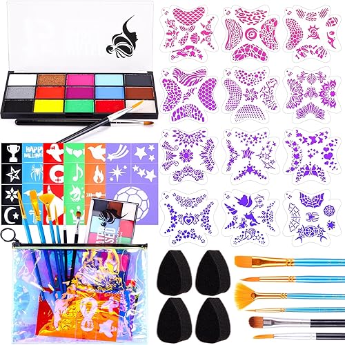 Qilery El kit de 30 plantillas de pintura facial incluye paleta de pastel de pintura facial, 12 plantillas de pintura facial reutilizables, 6