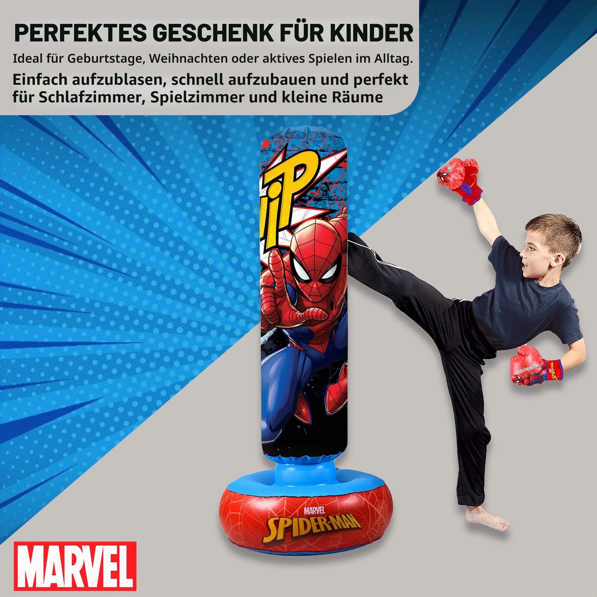 Hy-Pro Offiziell lizenzierter Spiderman-Boxsack mit Boxhandschuhen, freistehender Kinder-Boxsack, Spiderman-Spielzeug und Geschenke, ab 5 Jahren