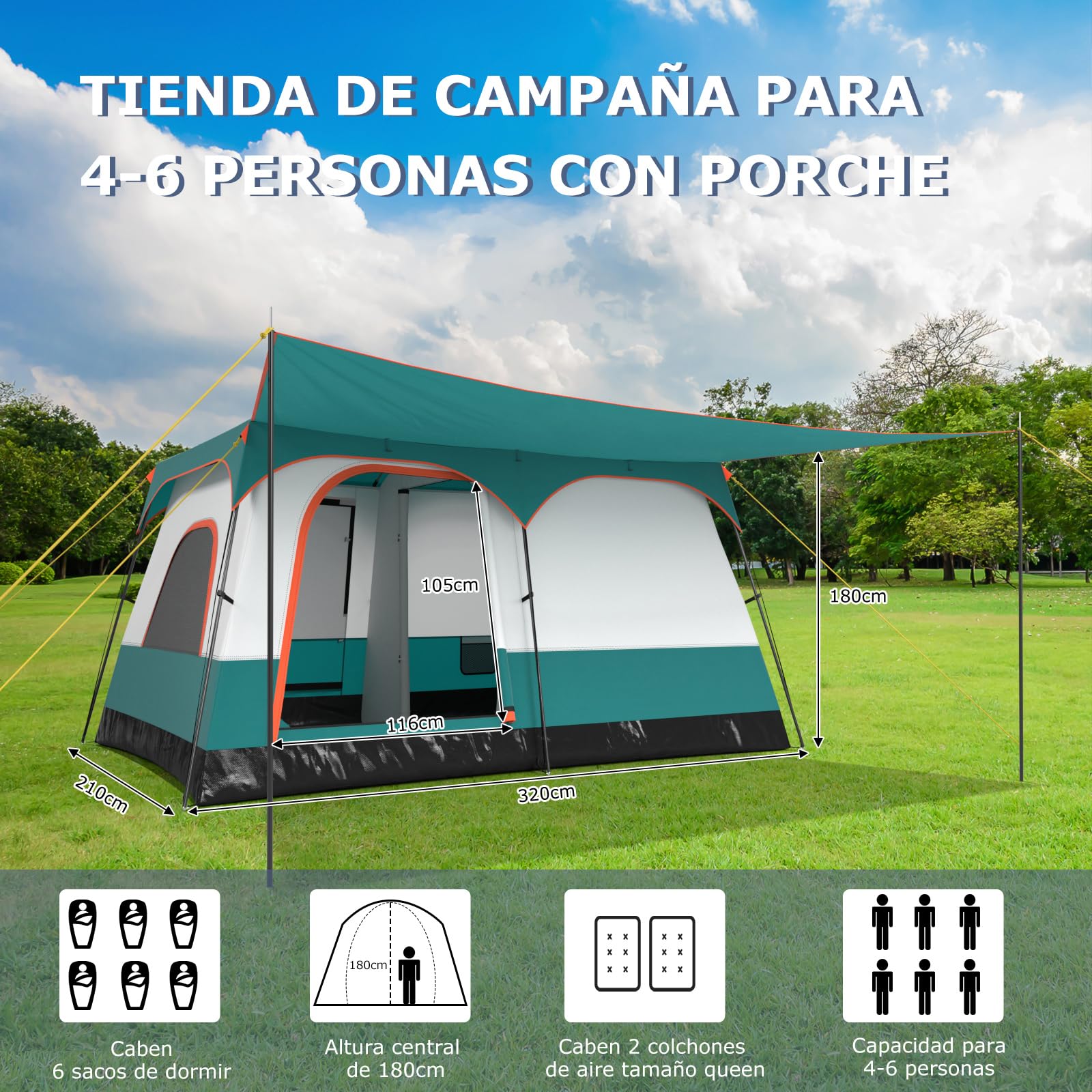 COSTWAY Tienda de Campaña 4-10 Personas, Porche, 2 Habitaciones, 2 Puertas, 2 Ventanas de Malla, Tienda de Campaña Familiar Grande, Capa Doble para Camping, Picnic