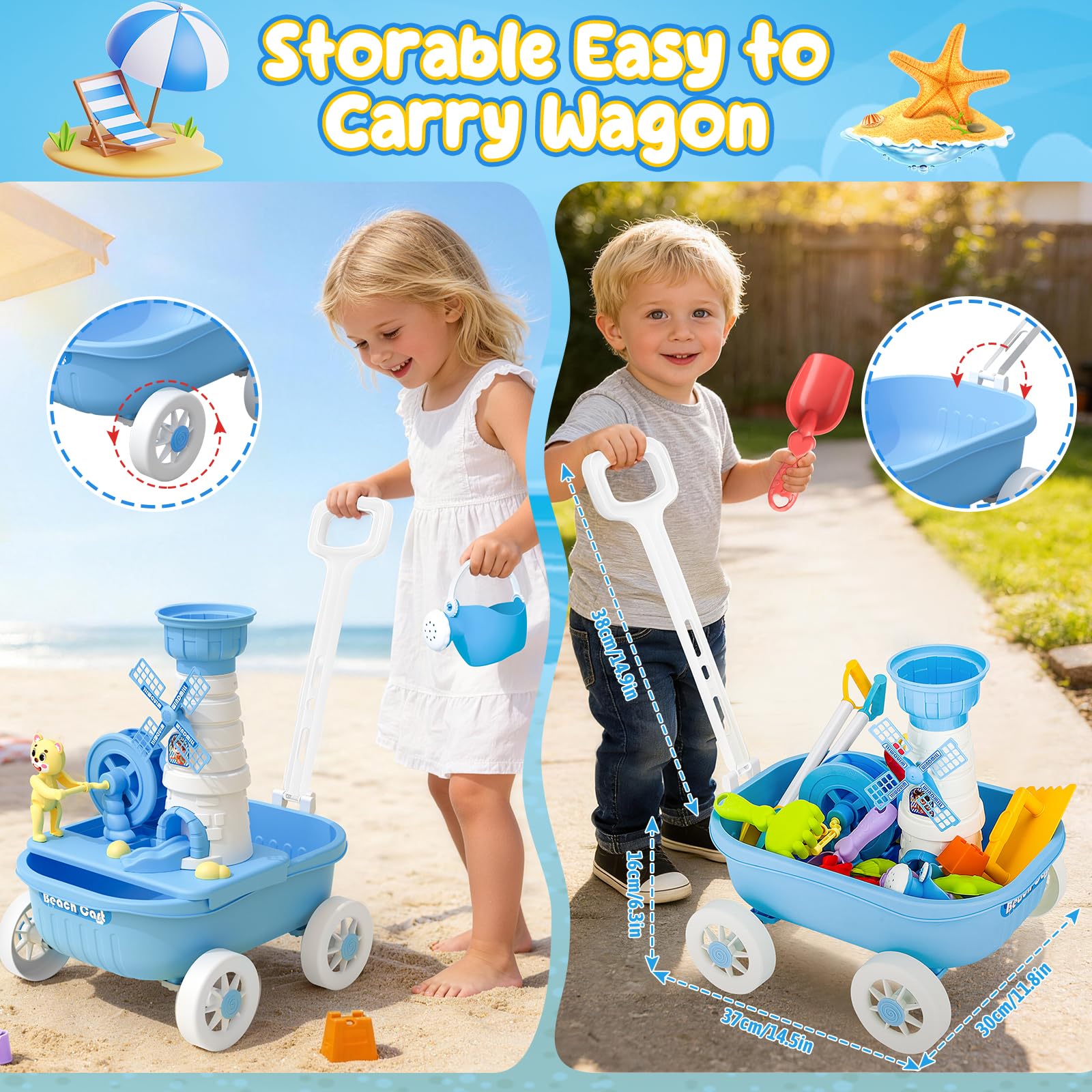 deAO Carretilla de Juguete para Niños, Set de Playa y Jardinería 21 Piezas - Incluye Carretilla, Rastrillo, Pala, Regadera, Molde de Agua y Moldes de Arena - Juguete Exterior para Niños 3 4 5 6 7 Años