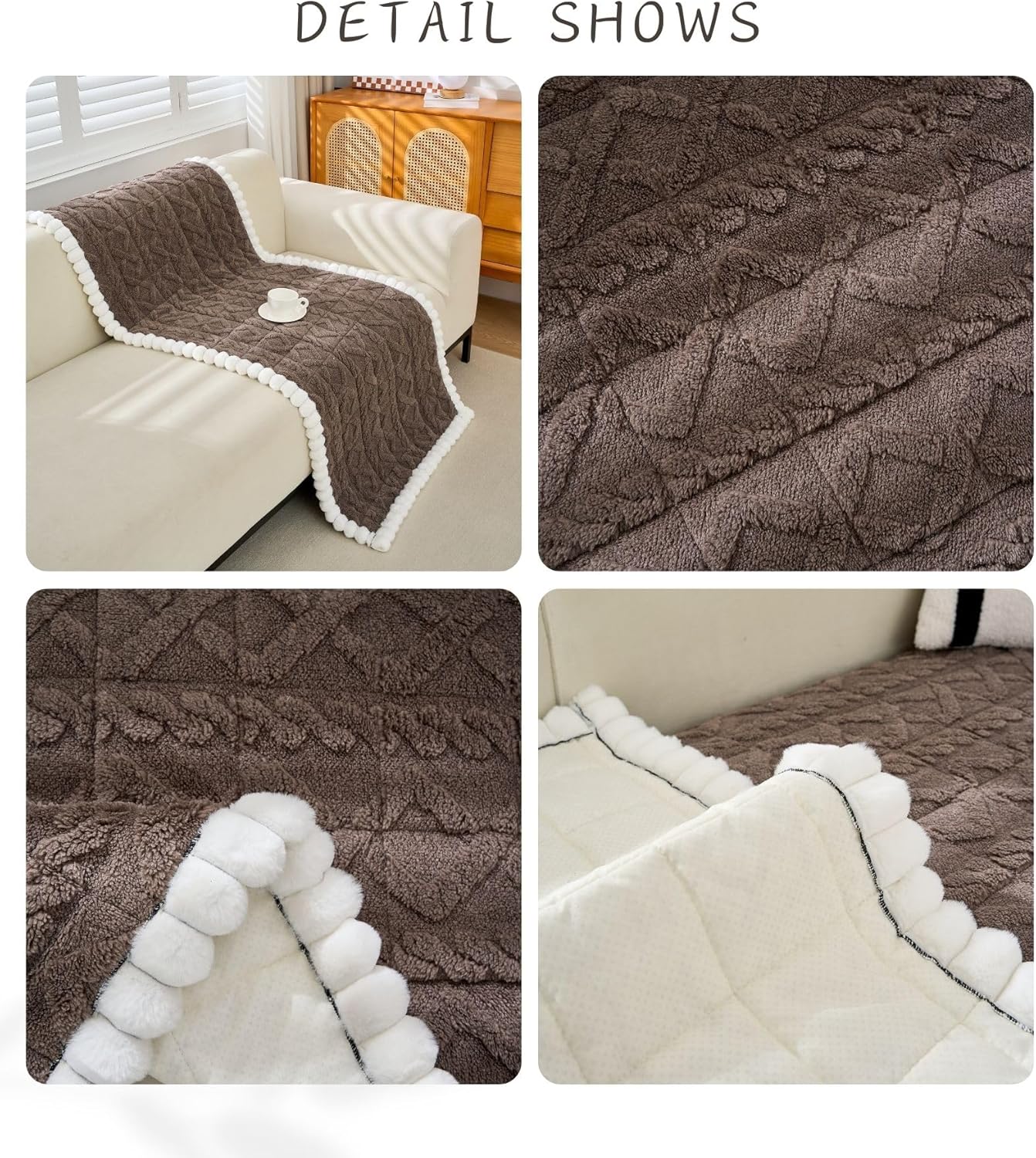 Soft Fleece Couch Cover for 2 Cushion Couch Anti Slip Fluffy Jacquard Sofa Cover Cozy Warm Fuzzy Dog Bed Cover Washable Loveseat Cover Furniture Protector for Pet, Cat (Brown,28"x59")