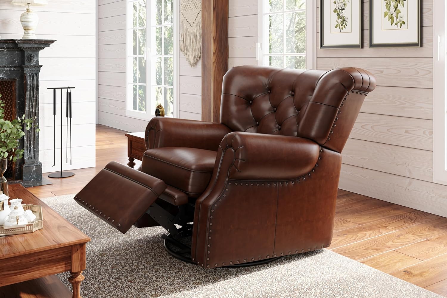 Valencia Liam Swivel Manual Recliner Chair, Mid-Century Modern Full-Aniline Leather Upholstery, 360° Swivel & Roll Arm, Space-Saving Design for Living Room or Office (Dark Chocolate)