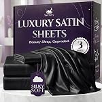 Sleep Sanctuary Satin Sheets Queen Size – 4 Piece Luxury Silky Bed Set, Softer Than Silk, 15" Deep Pocket, Cooling & Wrinkle-Free, Moisture-Wicking & Breathable for Hair & Skin (Black)