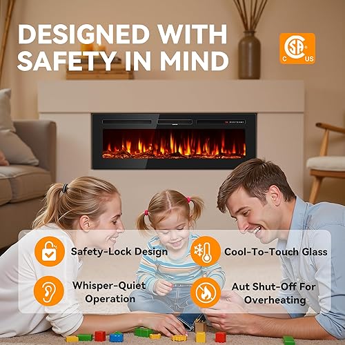 Miniatura 3 de Chimenea eléctrica de 60 pulgadas empotrada en la pared y montada en la pared, calentador lineal ultrafino de 7501500 W con llama realista,