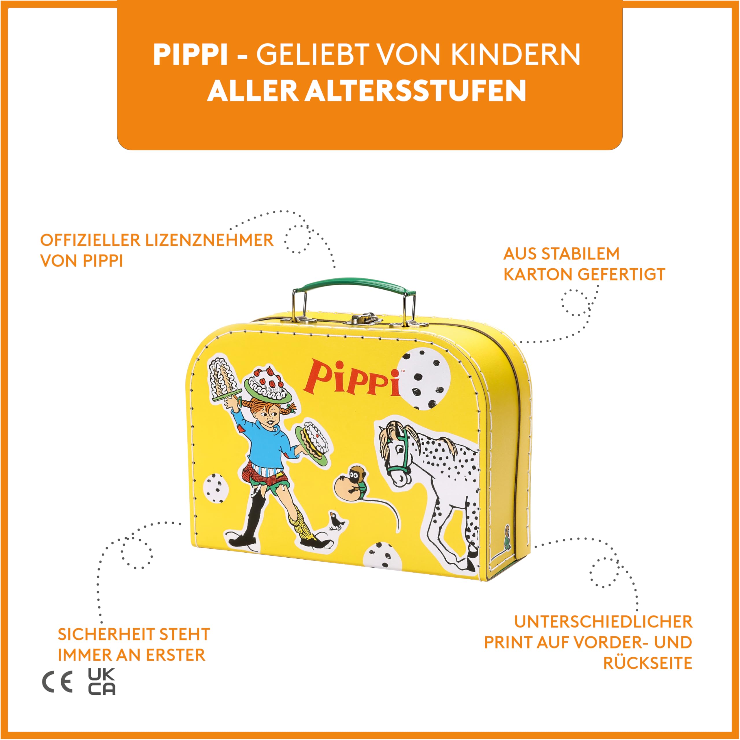 Pippi Langstrumpf Pippi Pappkoffer Gelb 25 cm – Kinderkoffer mit Illustrationen perfekt für Spiel und Abenteuer