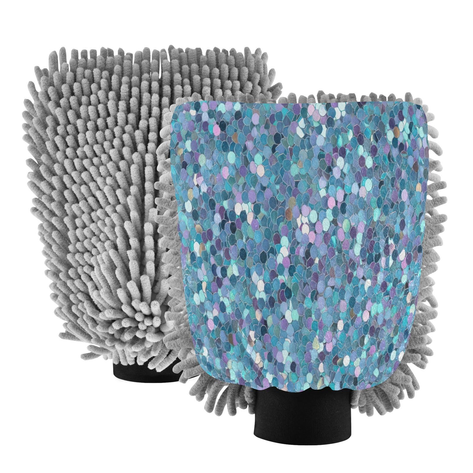 GakkiGii Sequins 2 Pack Microfiber Car Wash Mitts, Dual-Sided Chenille Gloves, Scratch-Free for Auto Detailing & Home Cleaning, M
