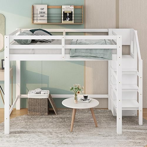 Harper & Bright Designs Wood Loft Bed with Staircase, Full Size Loft Bed with Wardrobe for Kids Girls Boys Bedroom, White