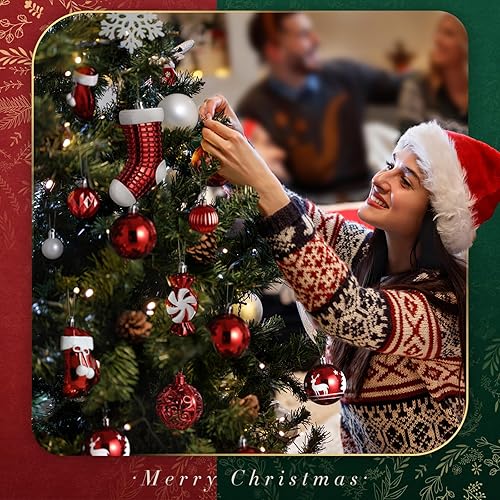 Miniatura 7 de SOLEDI Juego de 128 piezas de decoración para árbol de Navidad, adornos de Navidad surtidos, bolas de Navidad preatadas para decoraciones colgantes
