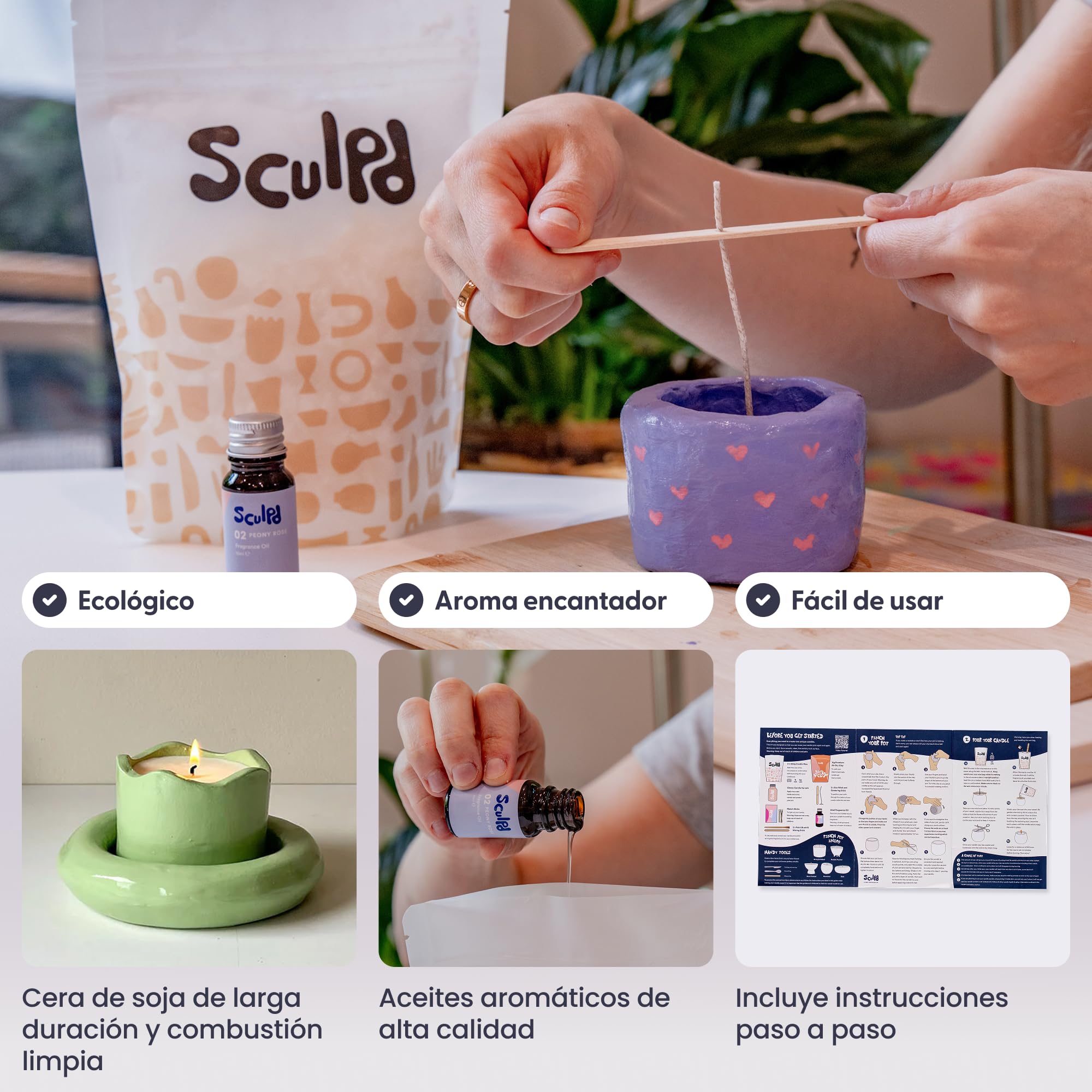 Sculpd Kit de alfarería para principiantes (2 adultos) para hacer velas con arcilla secada al aire, con cera de soja ecológica, aceite aromático, barniz, herramientas y guía (español no garantizado)