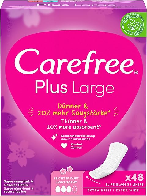 Carefree Salvaslip Plus Large z lekkim zapachem, super chłonne, aby natychmiast zawierać płyny, duży rozmiar, 48 sztuk