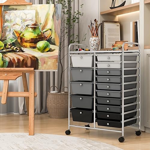 Miniatura 7 de COSTWAY Carrito de almacenamiento de 15 cajones, carrito multiusos con ruedas con ruedas bloqueables y cajones extraíbles, organizador de papel para